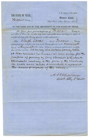 Primary view of object titled 'Documents pertaining to the case of The State of Texas vs. Hugh Eanes, cause no. 360, 1853'.