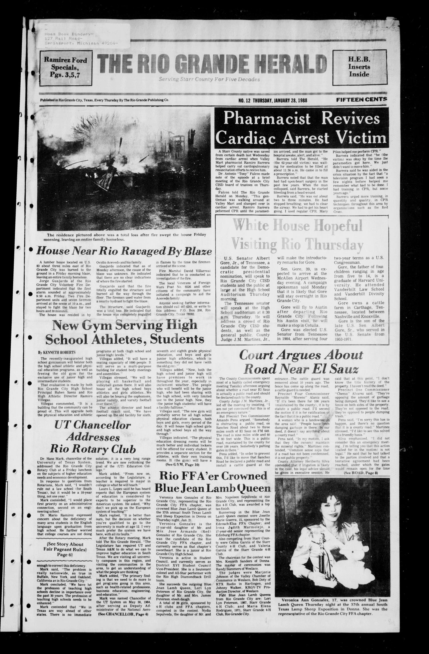 The Rio Grande Herald (Rio Grande City, Tex.), No. 12, Ed. 1 Thursday, January 28, 1988
                                                
                                                    [Sequence #]: 1 of 10
                                                