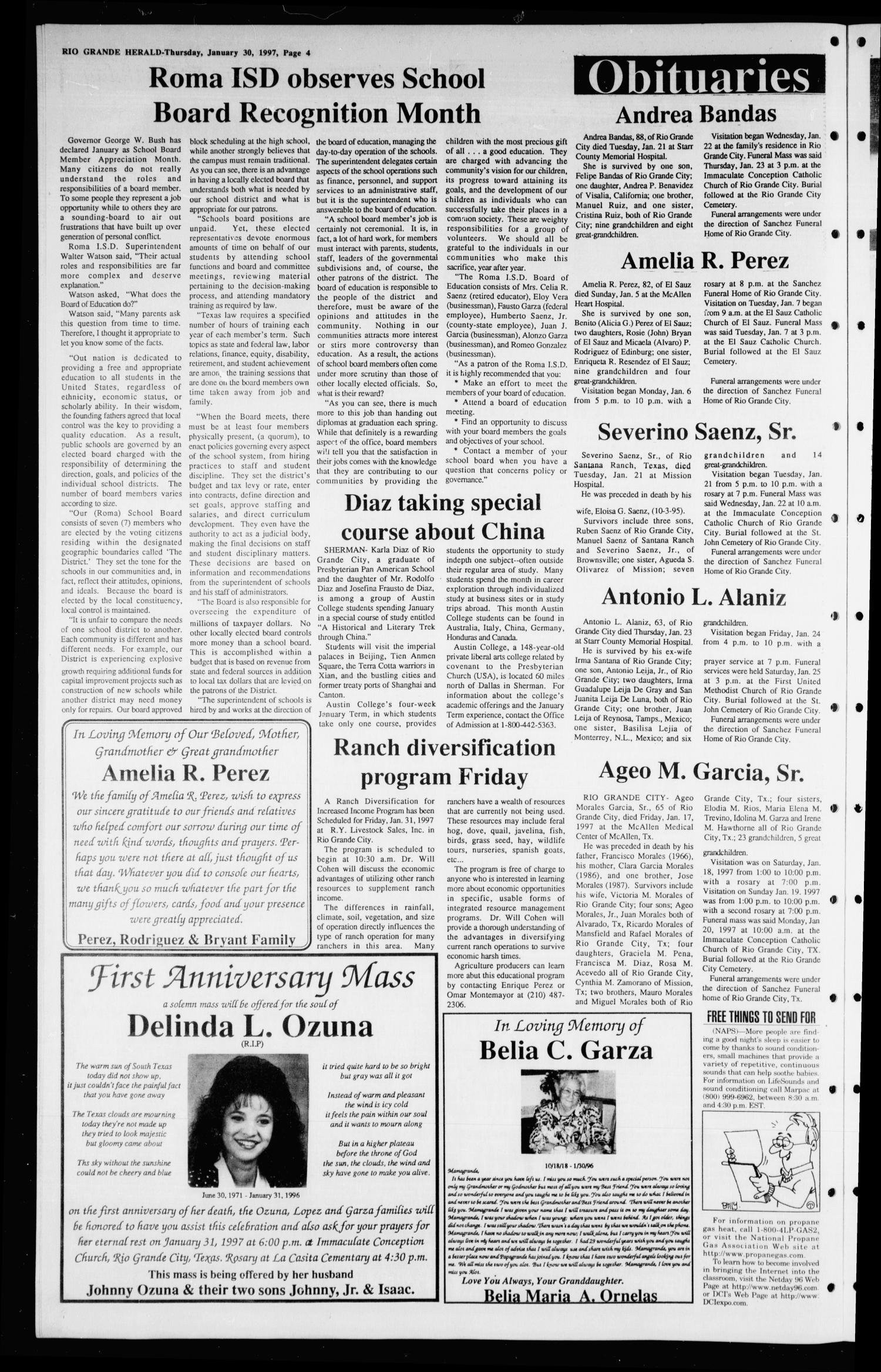 Rio Grande Herald (Rio Grande City, Tex.), Vol. 84, No. 5, Ed. 1 Thursday, January 30, 1997
                                                
                                                    [Sequence #]: 4 of 8
                                                