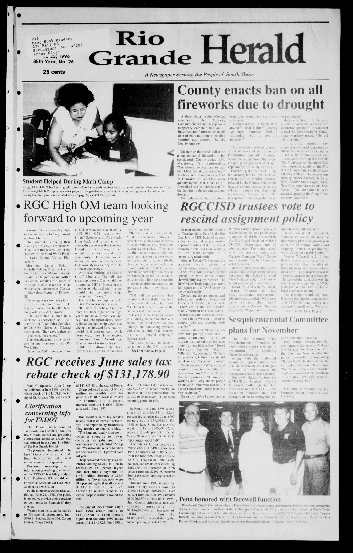 Rio Grande Herald (Rio Grande City, Tex.), Vol. 85, No. 26, Ed. 1 Thursday, June 25, 1998
                                                
                                                    [Sequence #]: 1 of 8
                                                