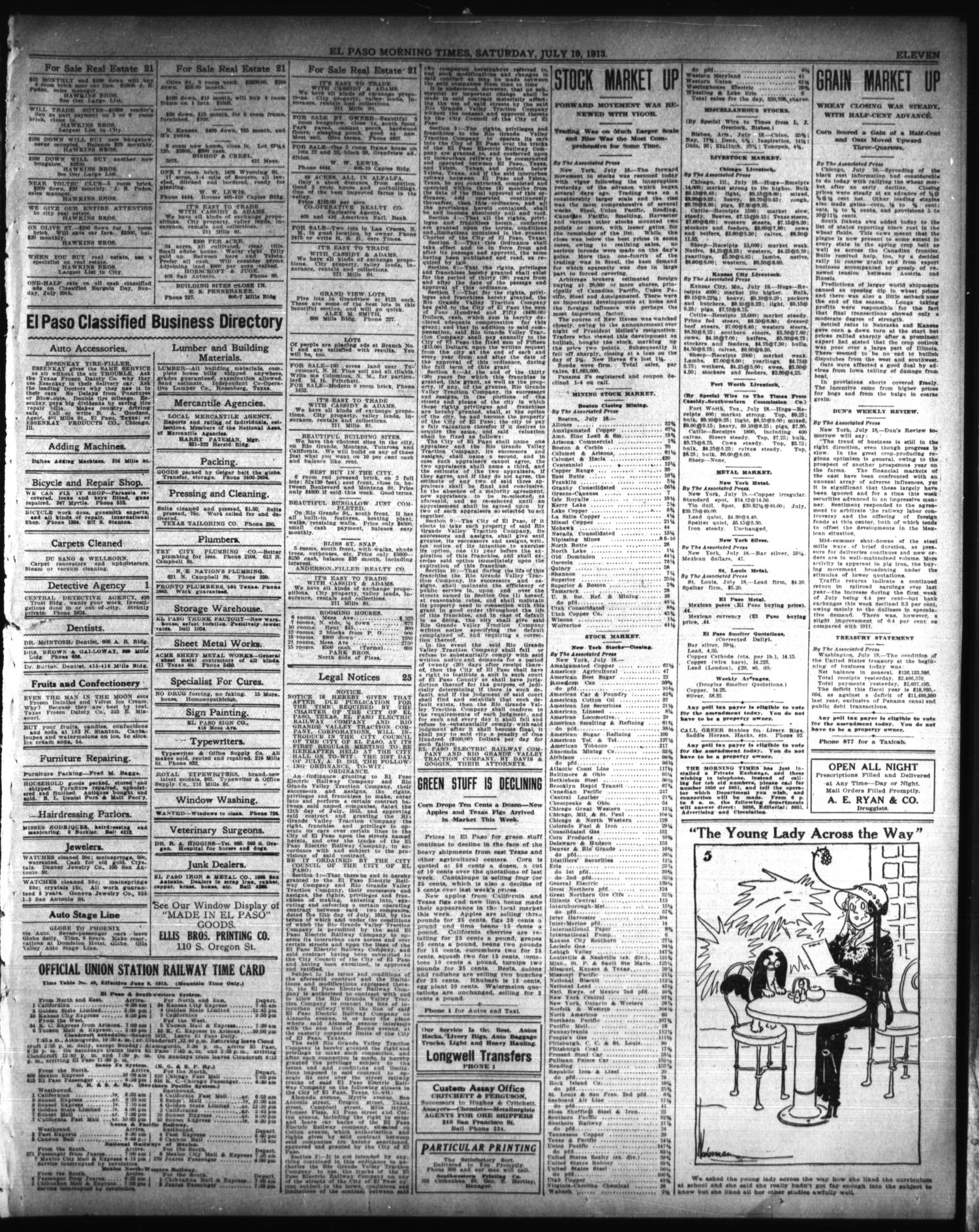 El Paso Morning Times (El Paso, Tex.), Vol. 33RD YEAR, Ed. 1, Saturday, July 19, 1913
                                                
                                                    [Sequence #]: 11 of 12
                                                
