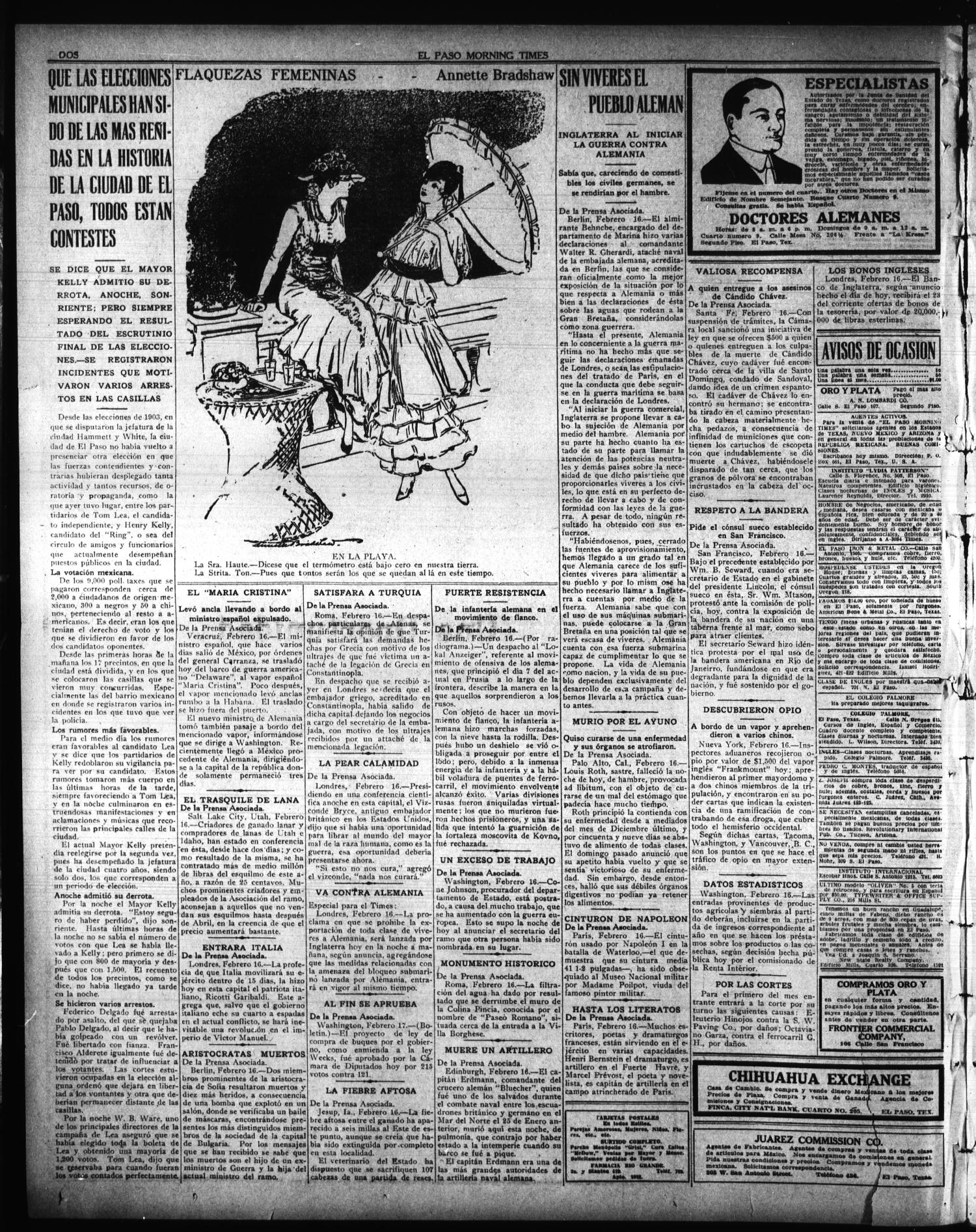El Paso Morning Times (El Paso, Tex.), Vol. 35TH YEAR, Ed. 1, Wednesday, February 17, 1915
                                                
                                                    [Sequence #]: 2 of 4
                                                