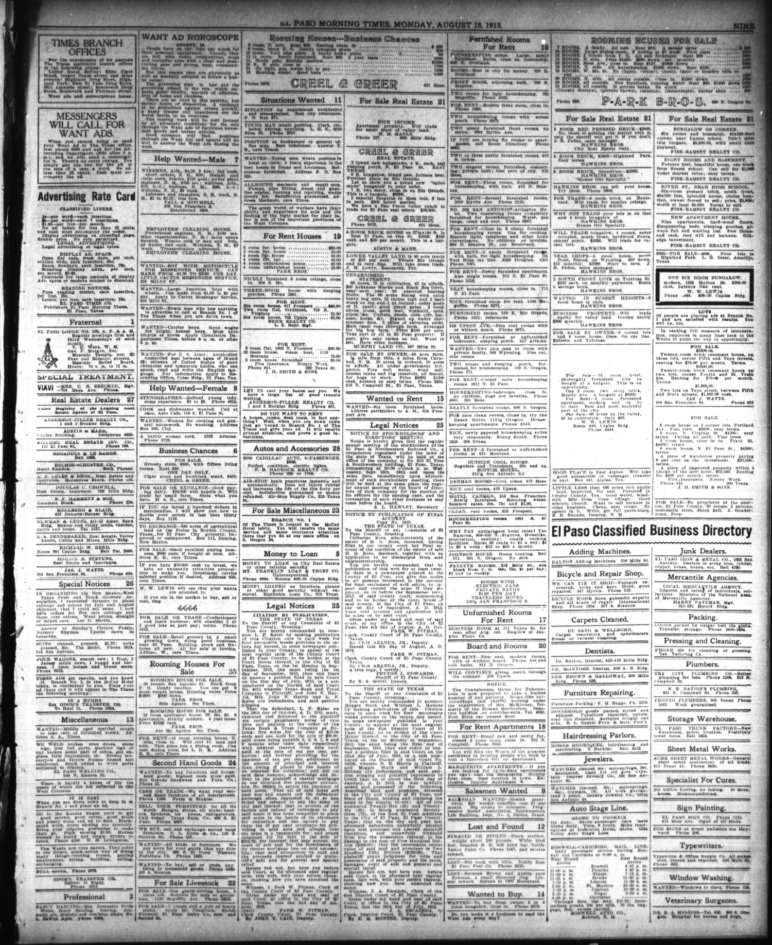 El Paso Morning Times (El Paso, Tex.), Vol. 33RD YEAR, Ed. 1, Monday, August 18, 1913
                                                
                                                    [Sequence #]: 9 of 10
                                                