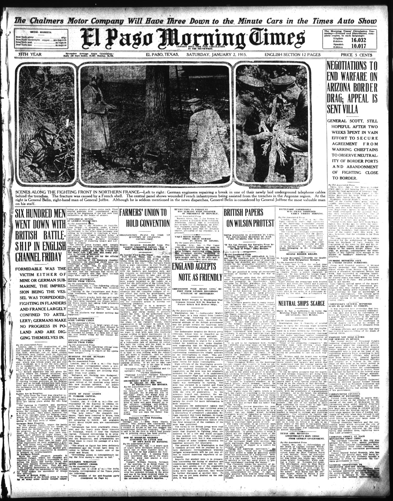 El Paso Morning Times (El Paso, Tex.), Vol. 35TH YEAR, Ed. 1, Saturday, January 2, 1915
                                                
                                                    [Sequence #]: 1 of 12
                                                
