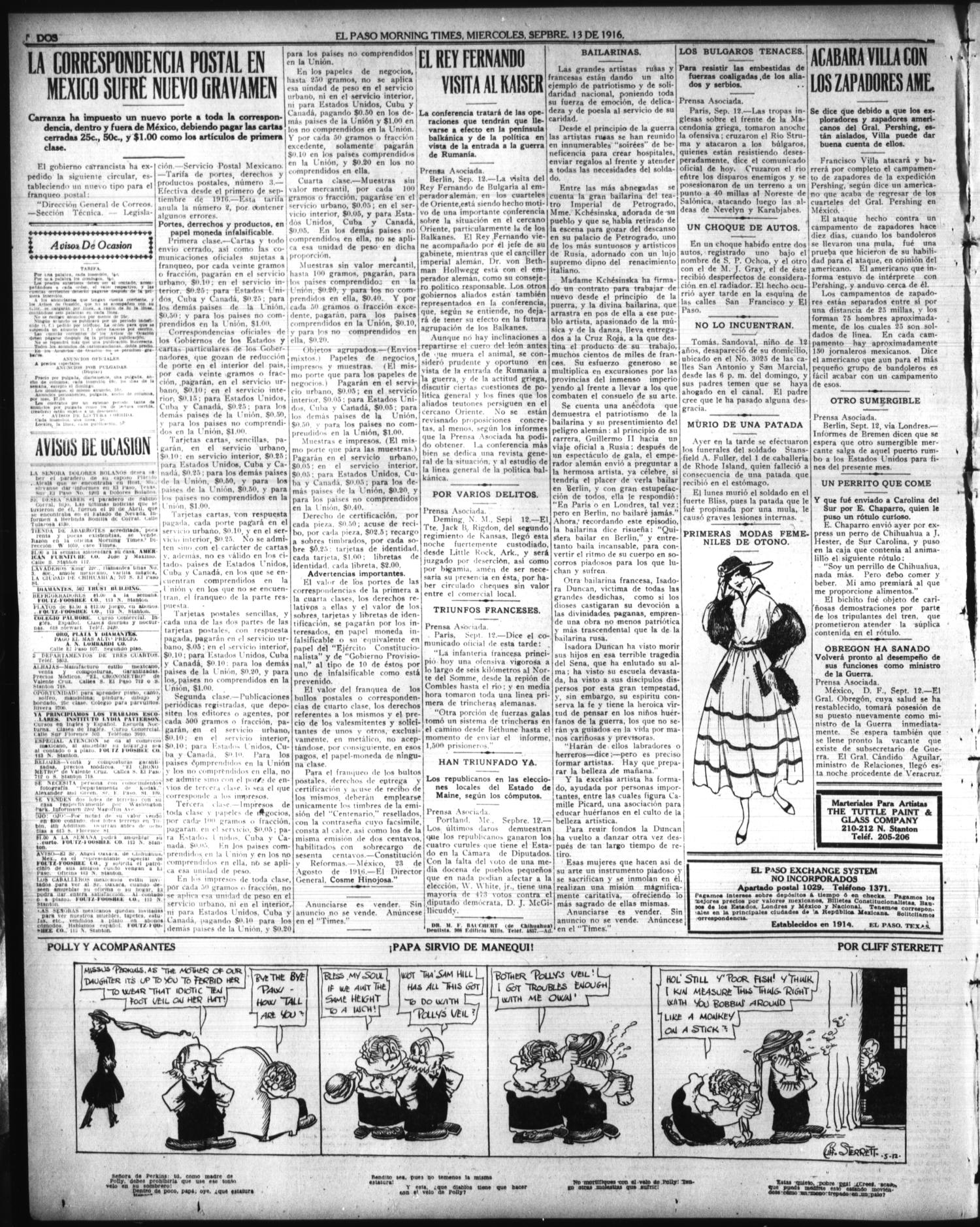 El Paso Morning Times (El Paso, Tex.), Vol. 36TH YEAR, Ed. 1, Wednesday, September 13, 1916
                                                
                                                    [Sequence #]: 2 of 4
                                                