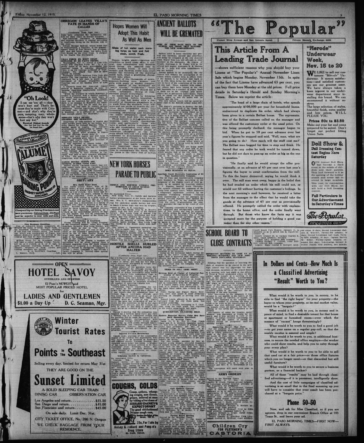 El Paso Morning Times (El Paso, Tex.), Vol. 36TH YEAR, Ed. 1, Friday, November 12, 1915
                                                
                                                    [Sequence #]: 5 of 12
                                                
