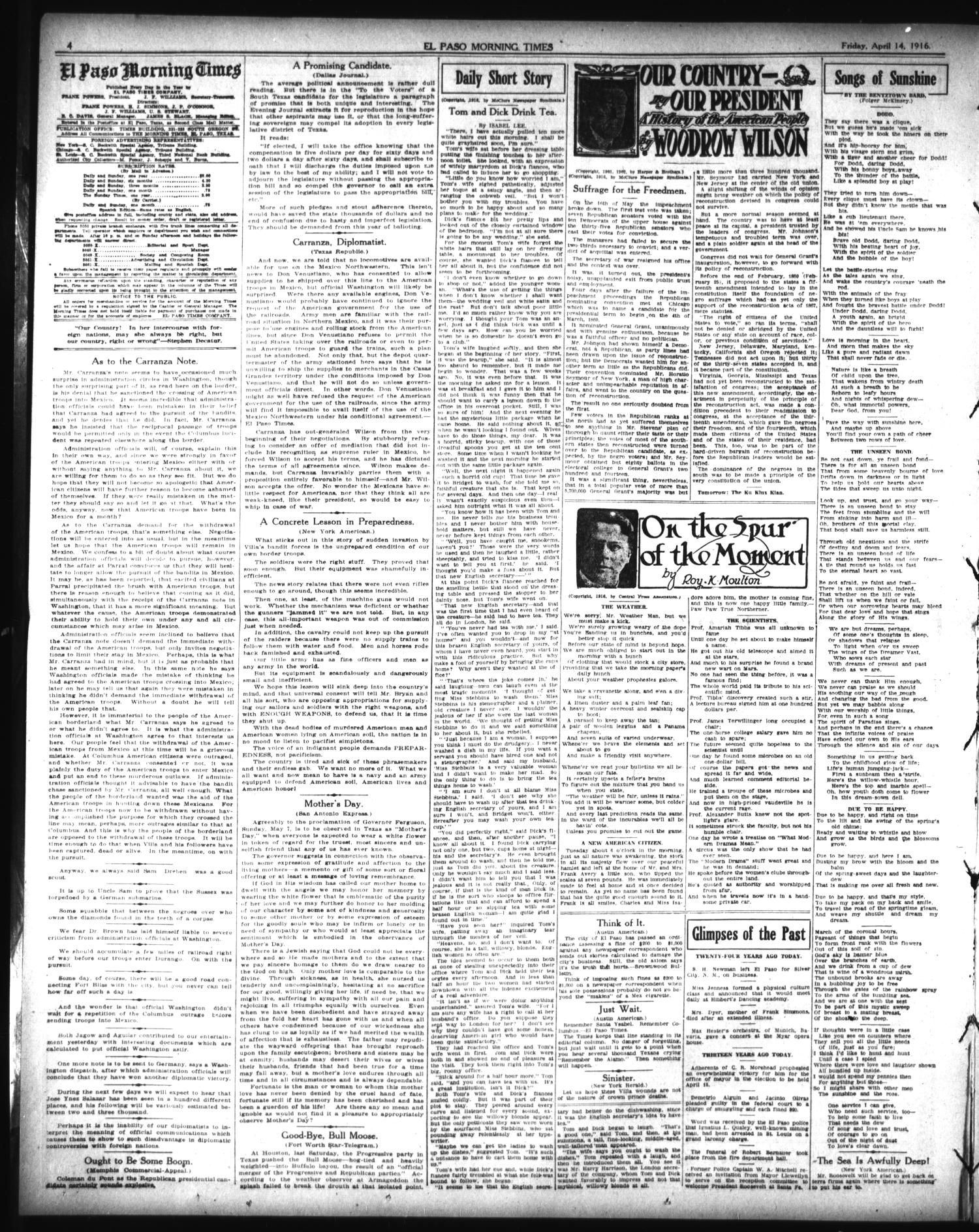 El Paso Morning Times (El Paso, Tex.), Vol. 36TH YEAR, Ed. 1, Friday, April 14, 1916
                                                
                                                    [Sequence #]: 4 of 12
                                                