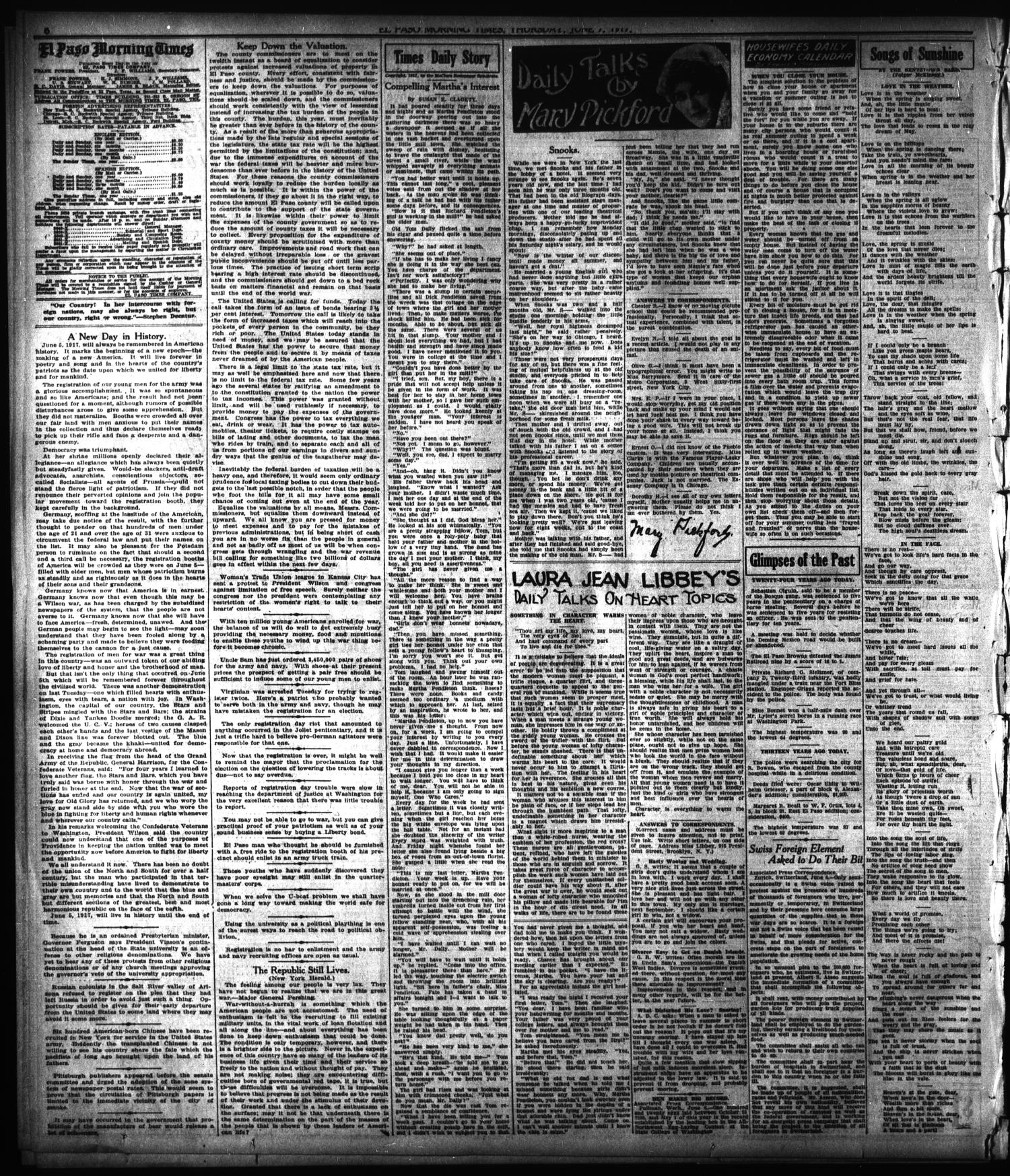 El Paso Morning Times (El Paso, Tex.), Vol. 37TH YEAR, Ed. 1, Thursday, June 7, 1917
                                                
                                                    [Sequence #]: 6 of 12
                                                
