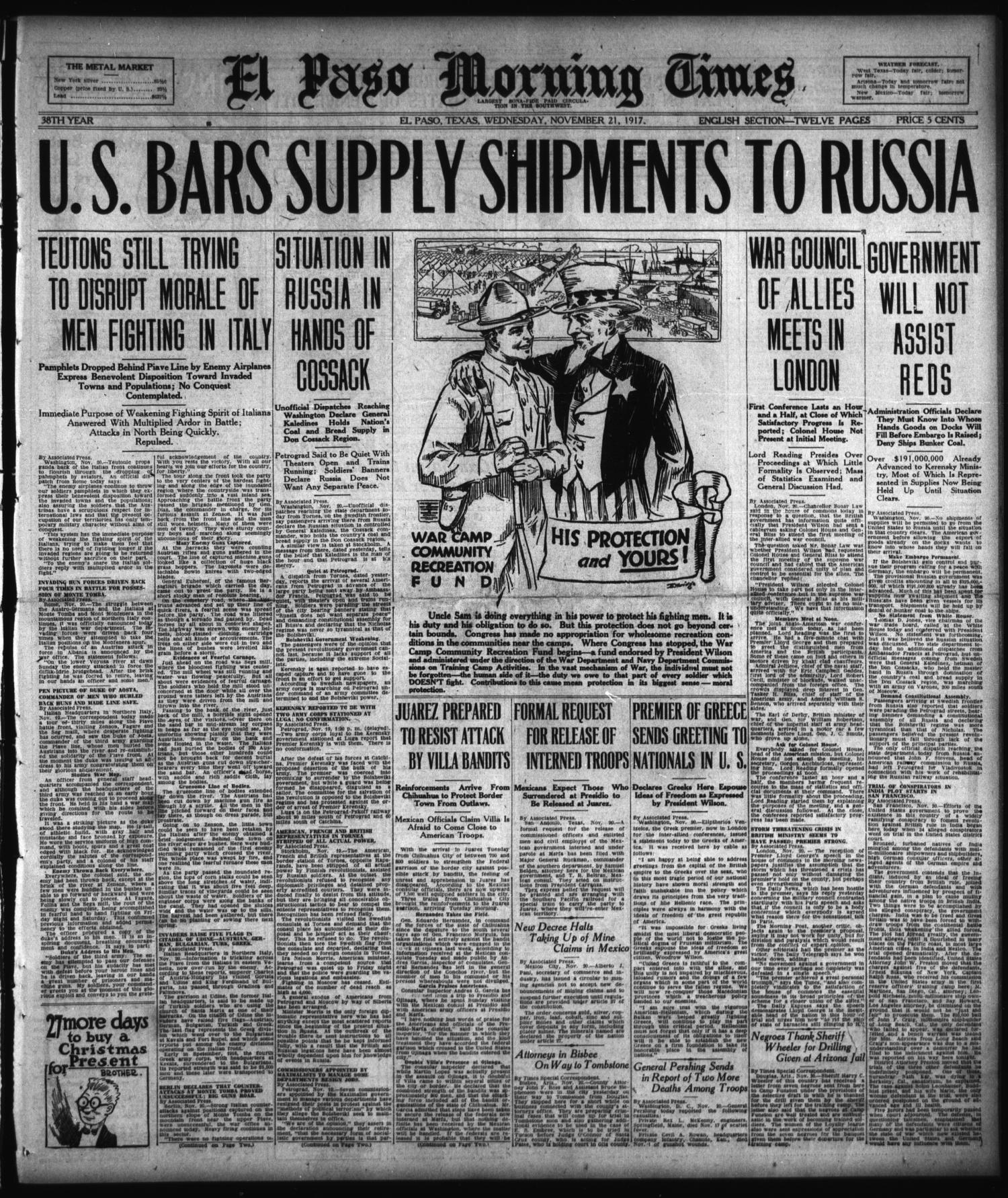 El Paso Morning Times (El Paso, Tex.), Vol. 38TH YEAR, Ed. 2, Wednesday, November 21, 1917
                                                
                                                    [Sequence #]: 1 of 12
                                                