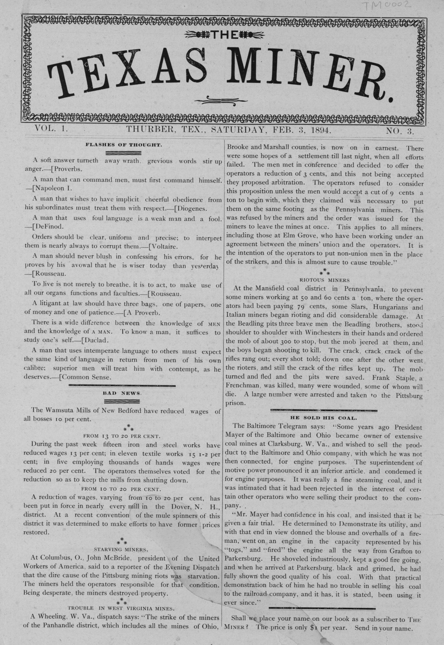 The Texas Miner, Volume 1, Number 3, February 3, 1894
                                                
                                                    1
                                                