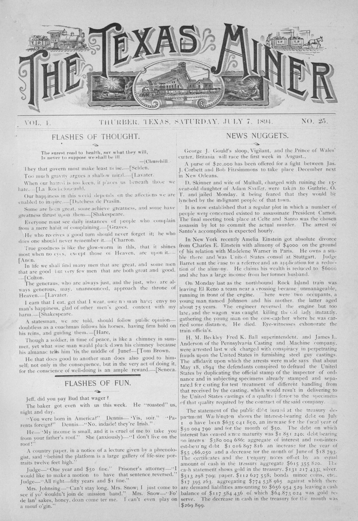 The Texas Miner, Volume 1, Number 25, July 7, 1894
                                                
                                                    1
                                                
