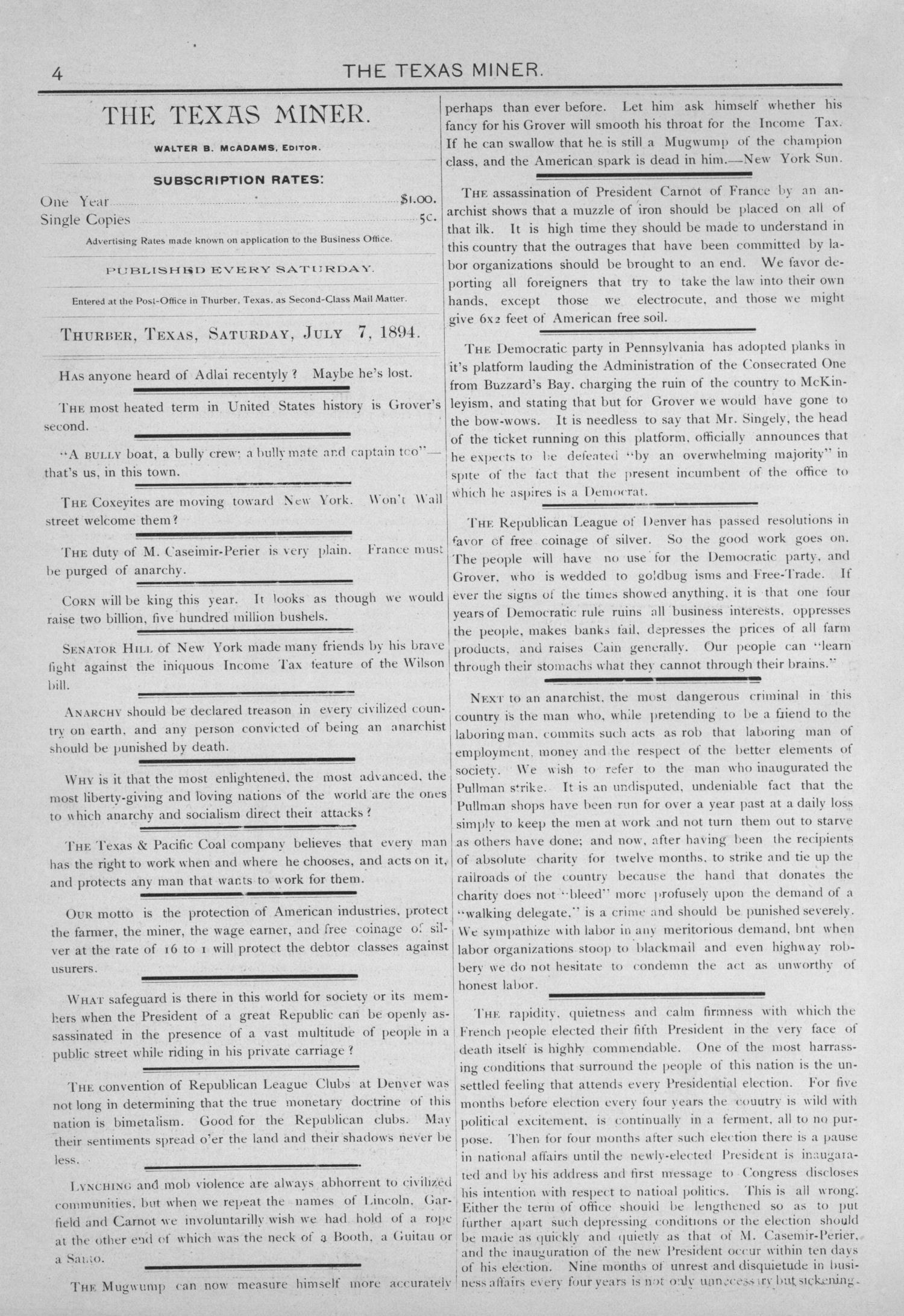 The Texas Miner, Volume 1, Number 25, July 7, 1894
                                                
                                                    4
                                                