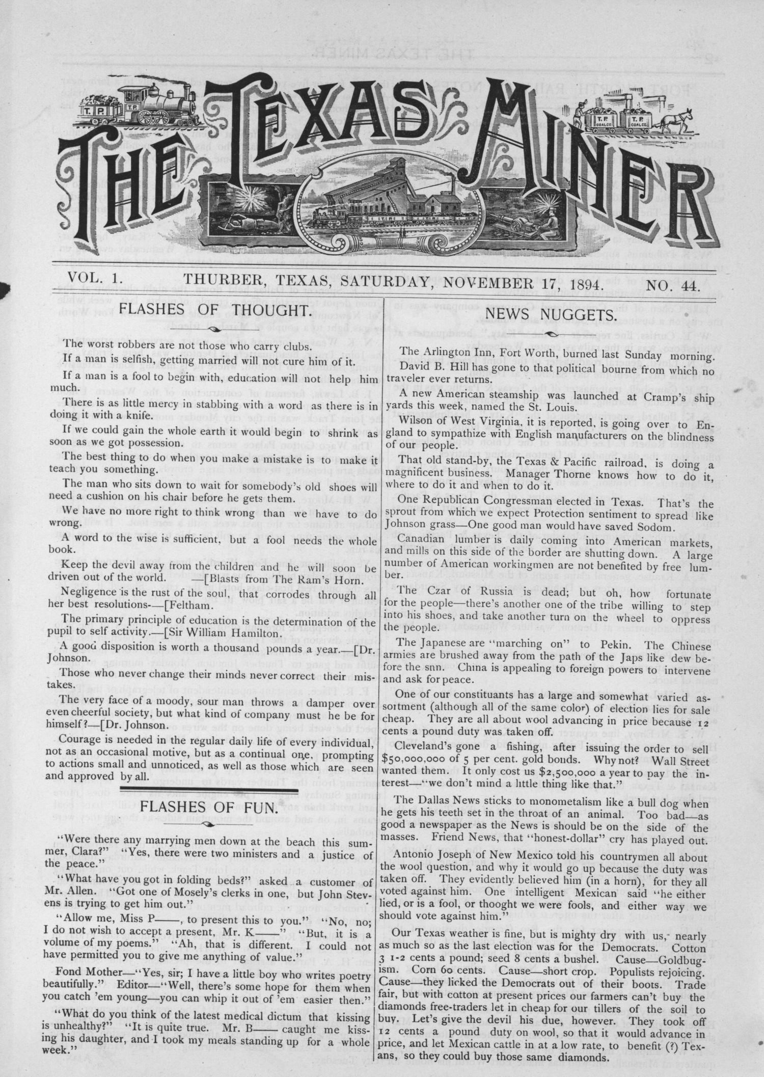 The Texas Miner, Volume 1, Number 44, November 17, 1894
                                                
                                                    1
                                                