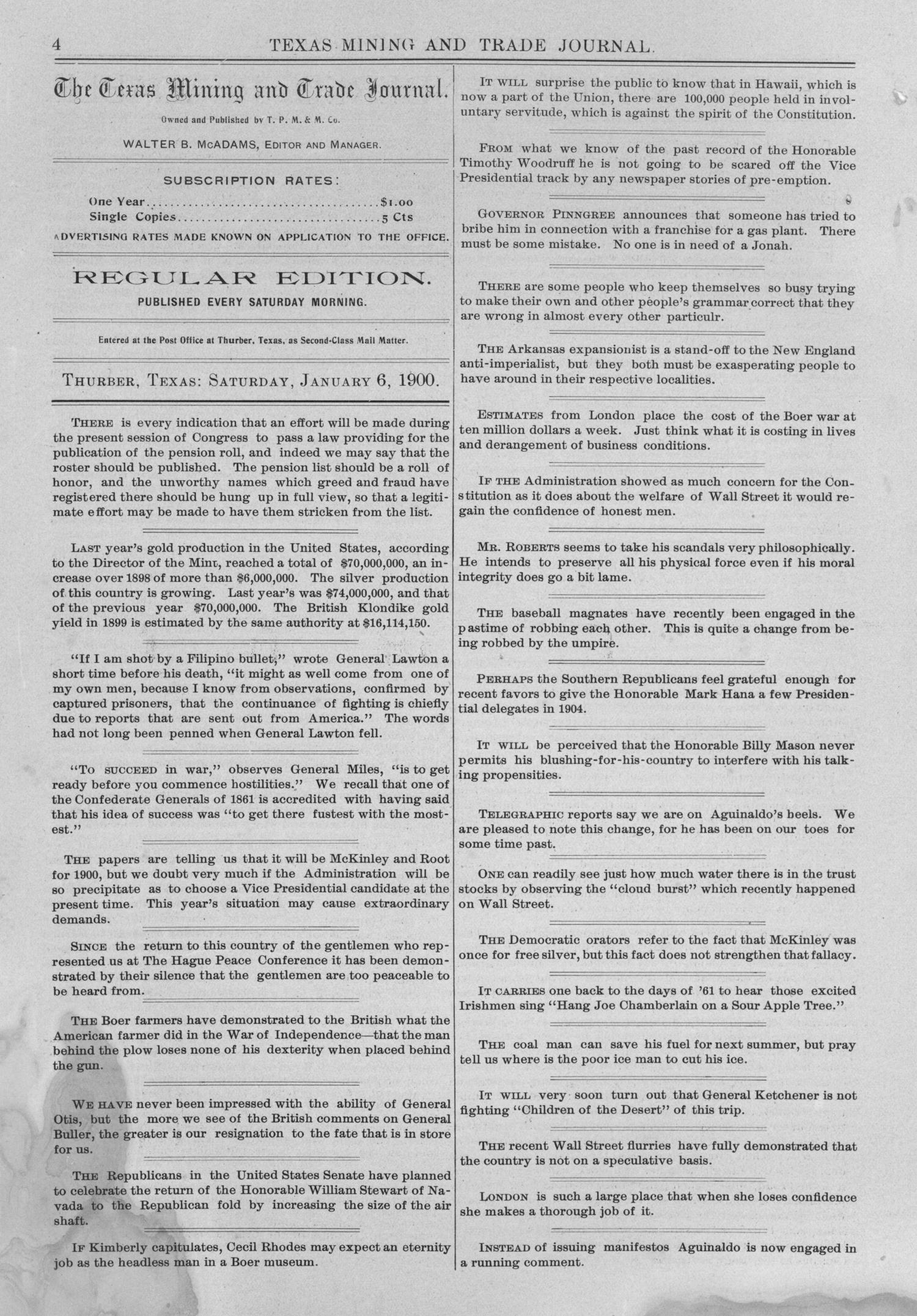 Texas Mining and Trade Journal, Volume 4, Number 25, Saturday, January 6, 1900
                                                
                                                    4
                                                