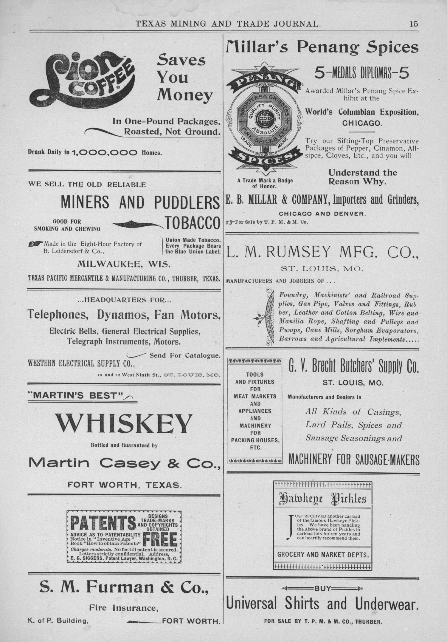 Texas Mining and Trade Journal, Volume 4, Number 31, Saturday, February 17, 1900
                                                
                                                    15
                                                