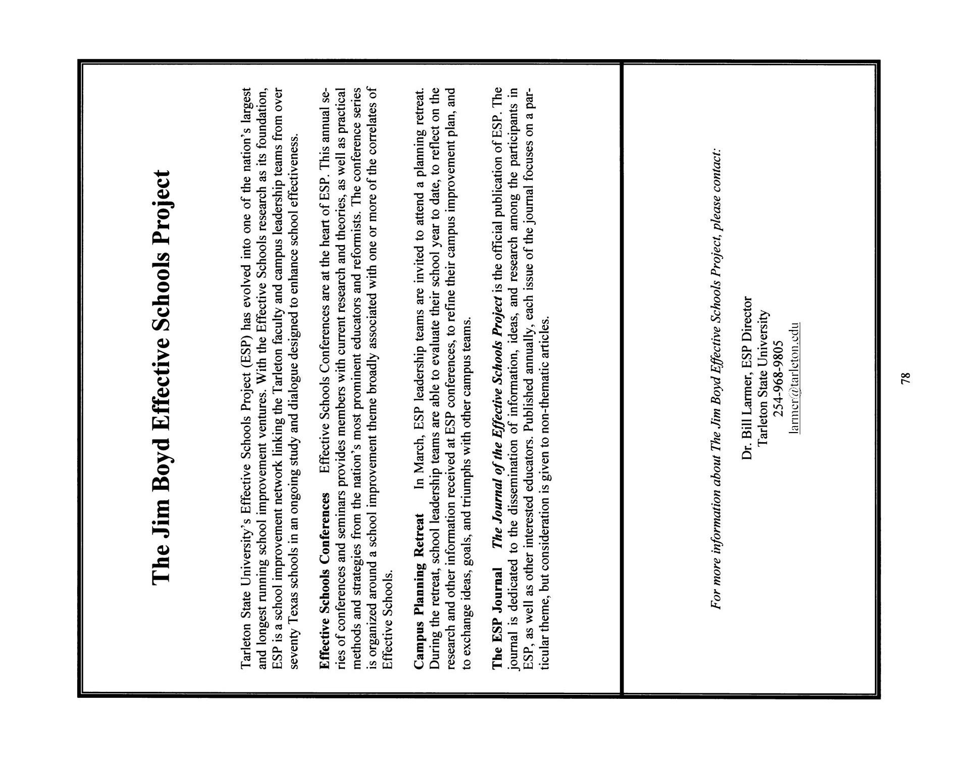 Journal of the Effective Schools Project, Volume 18, 2011
                                                
                                                    78
                                                