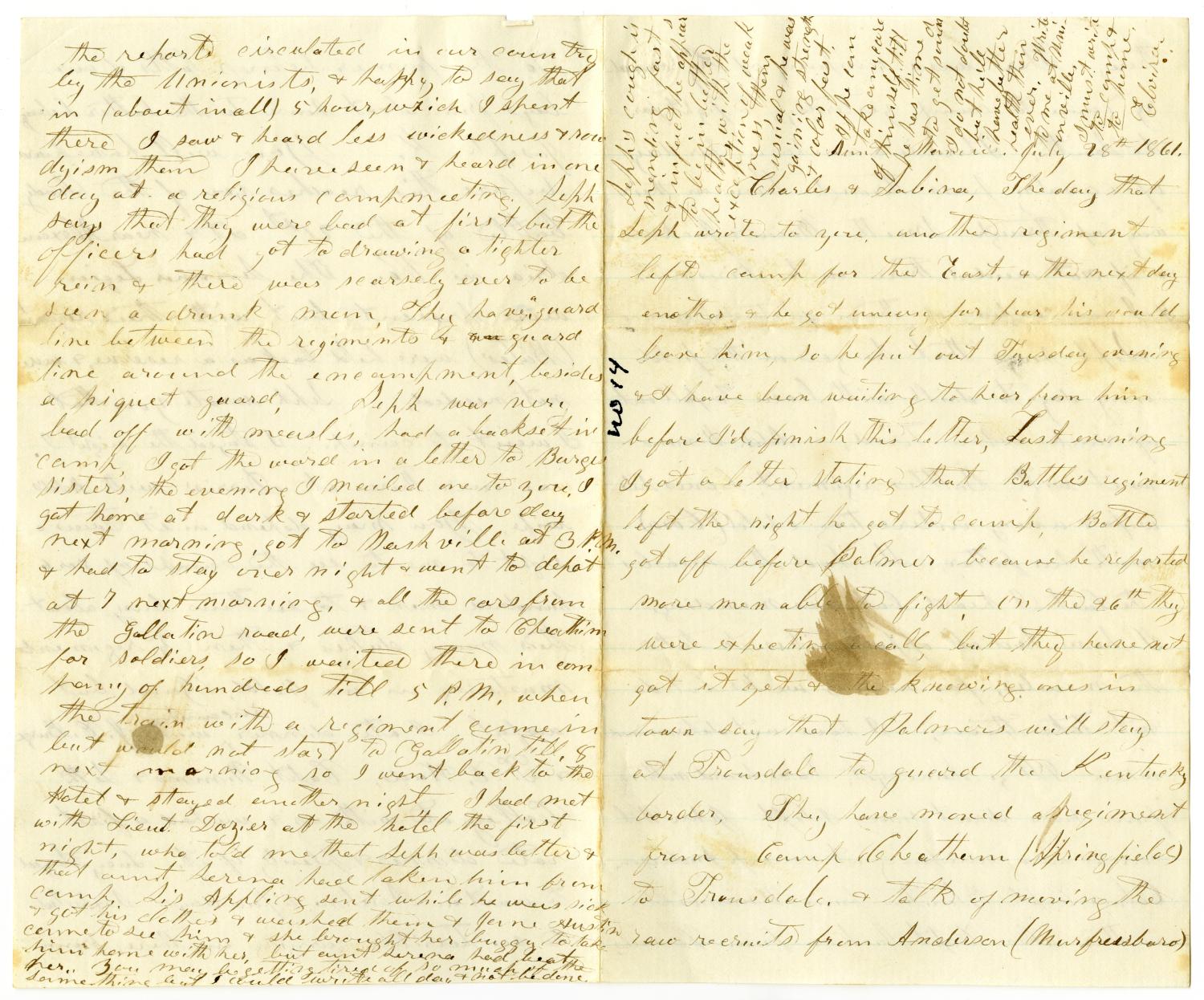 [Letter from Elvira Moore to Charles B. Moore and Sabina Rucker, July 28, 1861]
                                                
                                                    [Sequence #]: 1 of 4
                                                