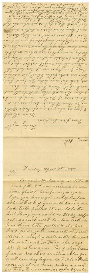 Primary view of object titled '[Letter from Matilda Dodd and Dinkie McGee to Charles and Mary Ann Moore, April 8, 1887]'.