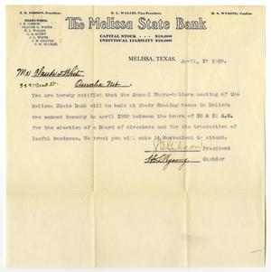 Primary view of object titled '[Letter from the Melissa State Bank to Claude D. White]'.