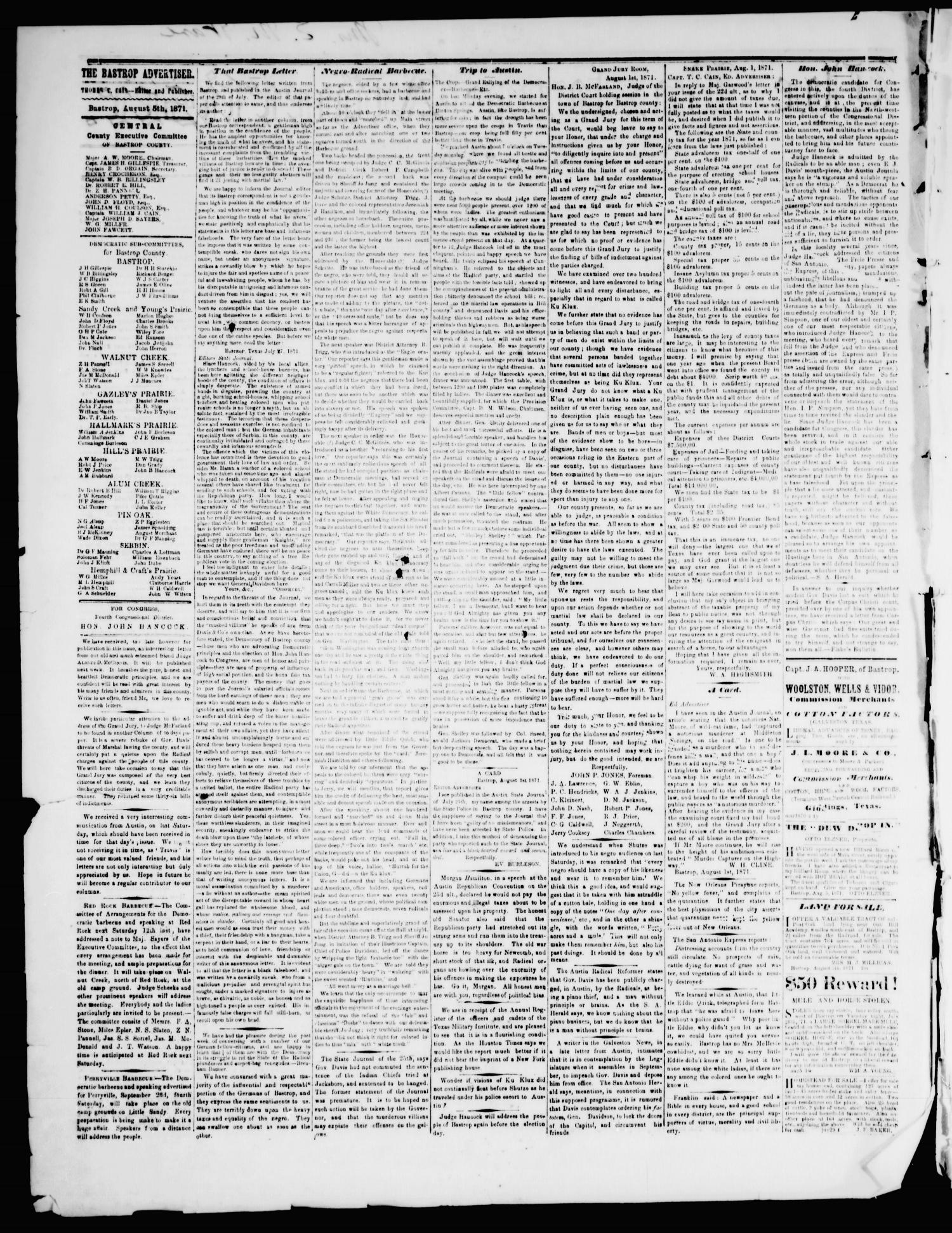 The Bastrop Advertiser (Bastrop, Tex.), Vol. 14, No. 39, Ed. 1 Saturday, August 5, 1871
                                                
                                                    [Sequence #]: 2 of 4
                                                
