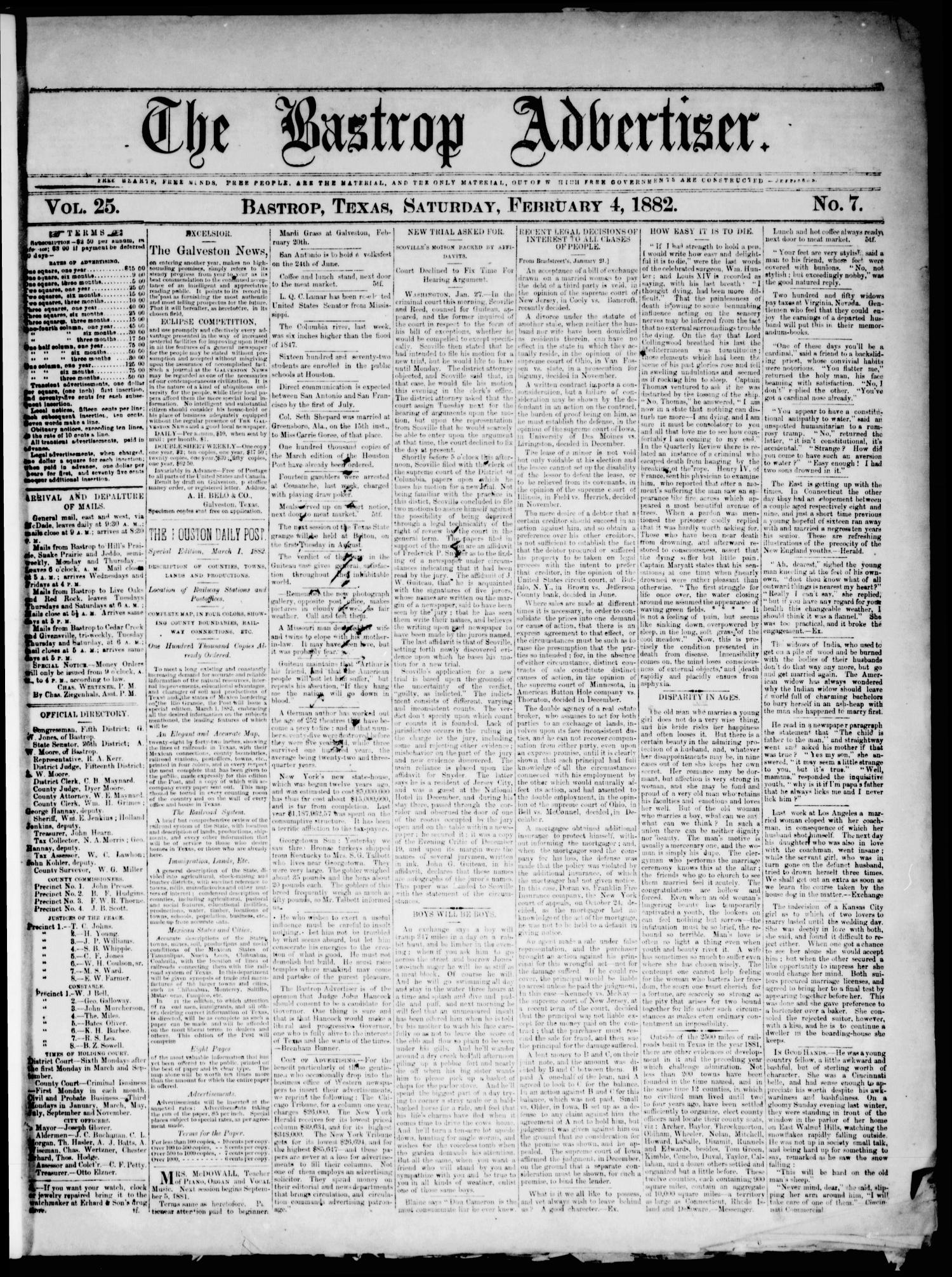 The Bastrop Advertiser (Bastrop, Tex.), Vol. 25, No. 7, Ed. 1 Saturday, February 4, 1882
                                                
                                                    [Sequence #]: 1 of 4
                                                