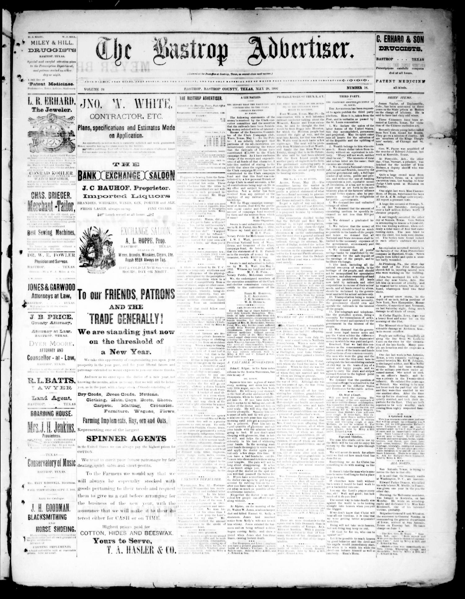 The Bastrop Advertiser (Bastrop, Tex.), Vol. 34, No. 16, Ed. 1 Saturday, May 28, 1892
                                                
                                                    [Sequence #]: 1 of 4
                                                
