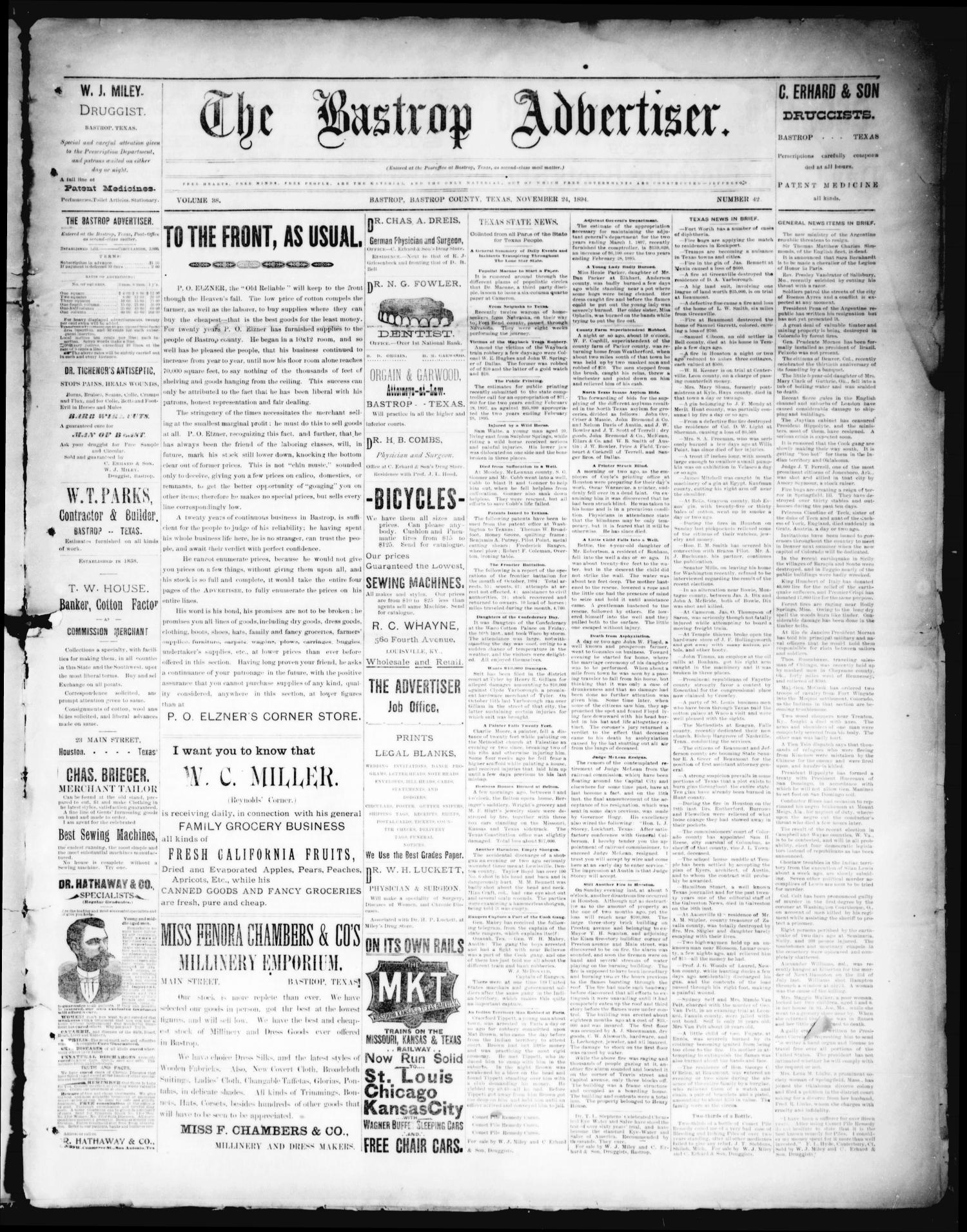 The Bastrop Advertiser (Bastrop, Tex.), Vol. 38, No. 42, Ed. 1 Saturday, November 24, 1894
                                                
                                                    [Sequence #]: 1 of 4
                                                