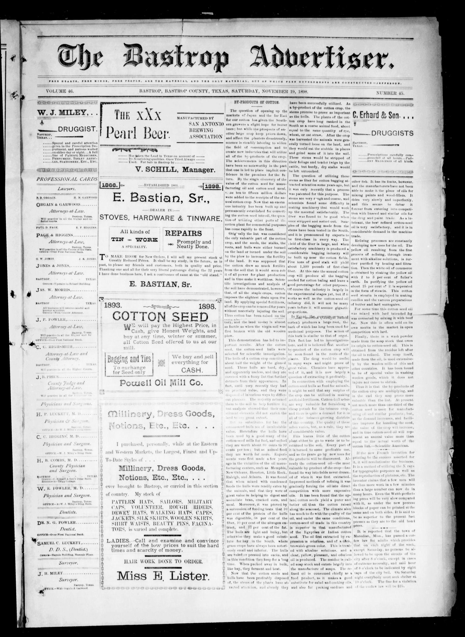 The Bastrop Advertiser (Bastrop, Tex.), Vol. 46, No. 45, Ed. 1 Saturday, November 19, 1898
                                                
                                                    [Sequence #]: 1 of 8
                                                