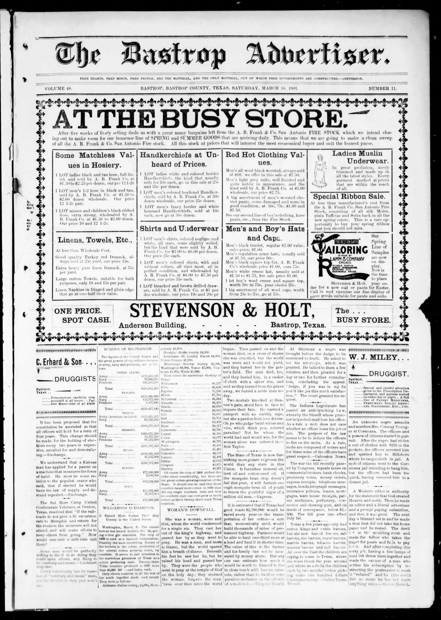 The Bastrop Advertiser (Bastrop, Tex.), Vol. 48, No. 11, Ed. 1 Saturday, March 16, 1901
                                                
                                                    [Sequence #]: 1 of 8
                                                