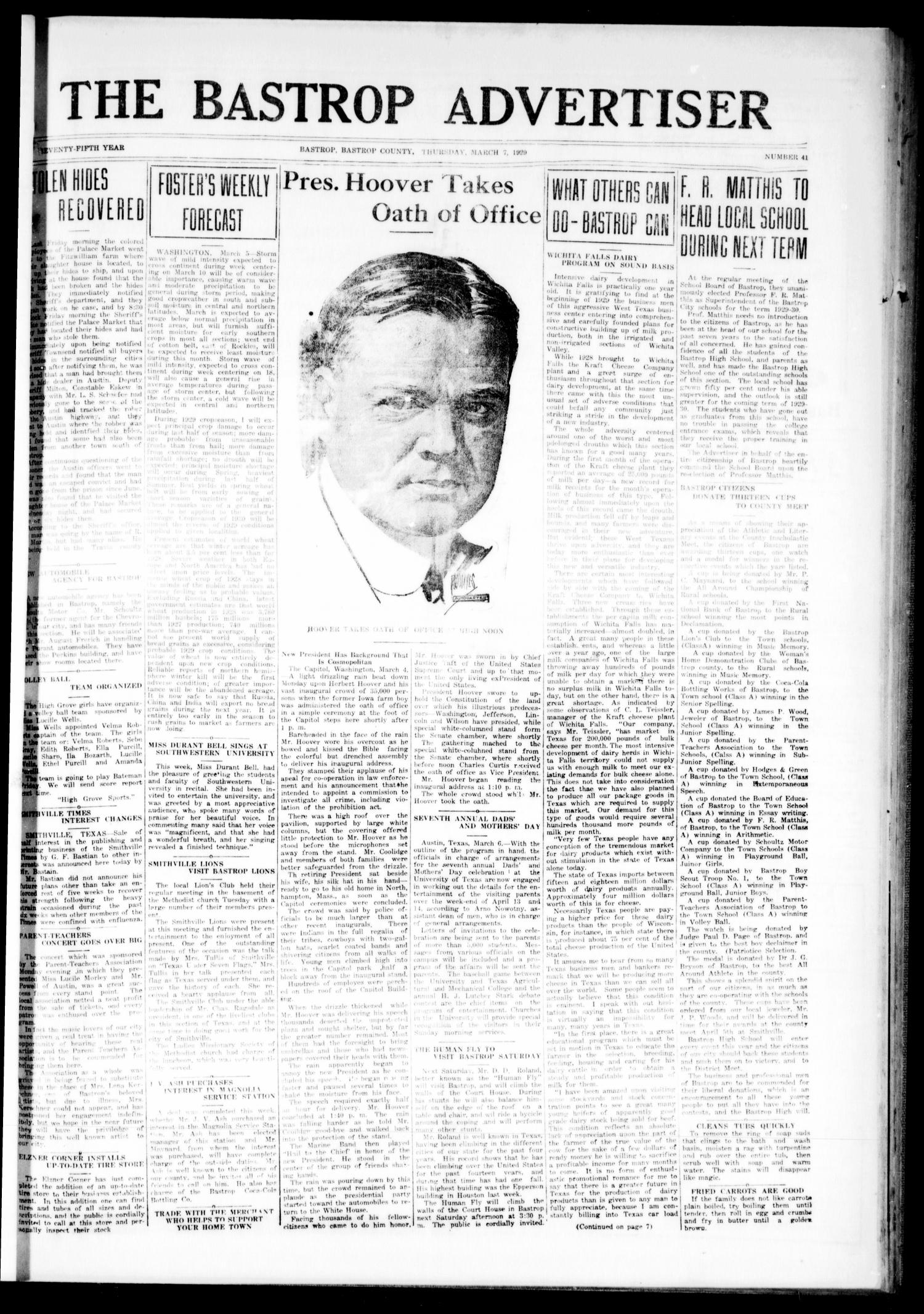 The Bastrop Advertiser (Bastrop, Tex.), Vol. 75, No. 41, Ed. 1 Thursday, March 7, 1929
                                                
                                                    [Sequence #]: 1 of 8
                                                