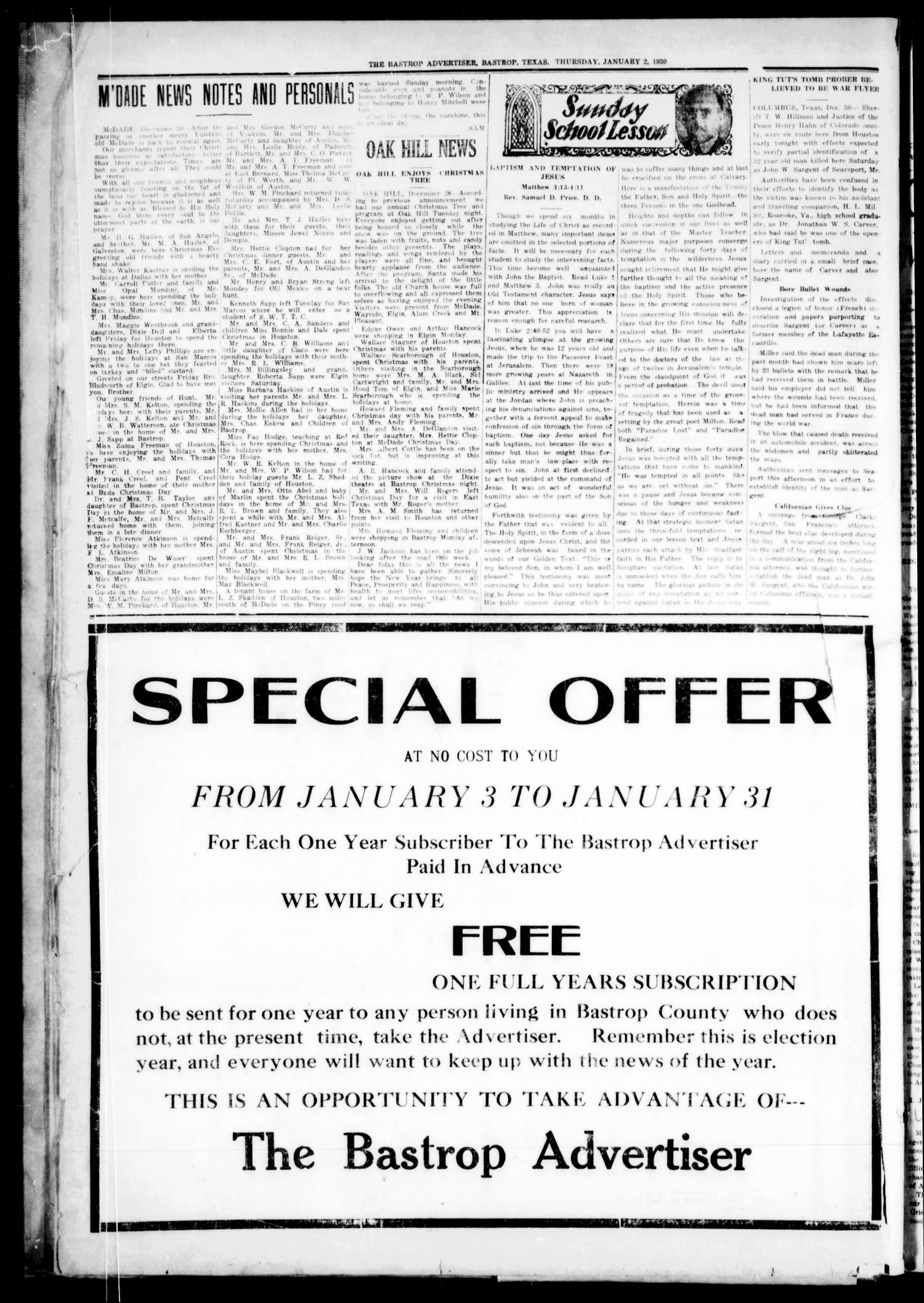 The Bastrop Advertiser (Bastrop, Tex.), Vol. 76, No. 32, Ed. 1 Thursday, January 2, 1930
                                                
                                                    [Sequence #]: 8 of 8
                                                
