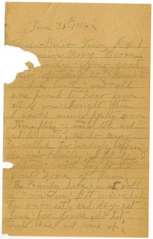 Primary view of object titled '[Letter from Sally Thornhill to Mary Ann Dodd Moore, June 25, 1914]'.