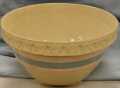 Thumbnail image of item number 1 in: 'large bowl, yellow inside, orange and blue stripes on outside'.