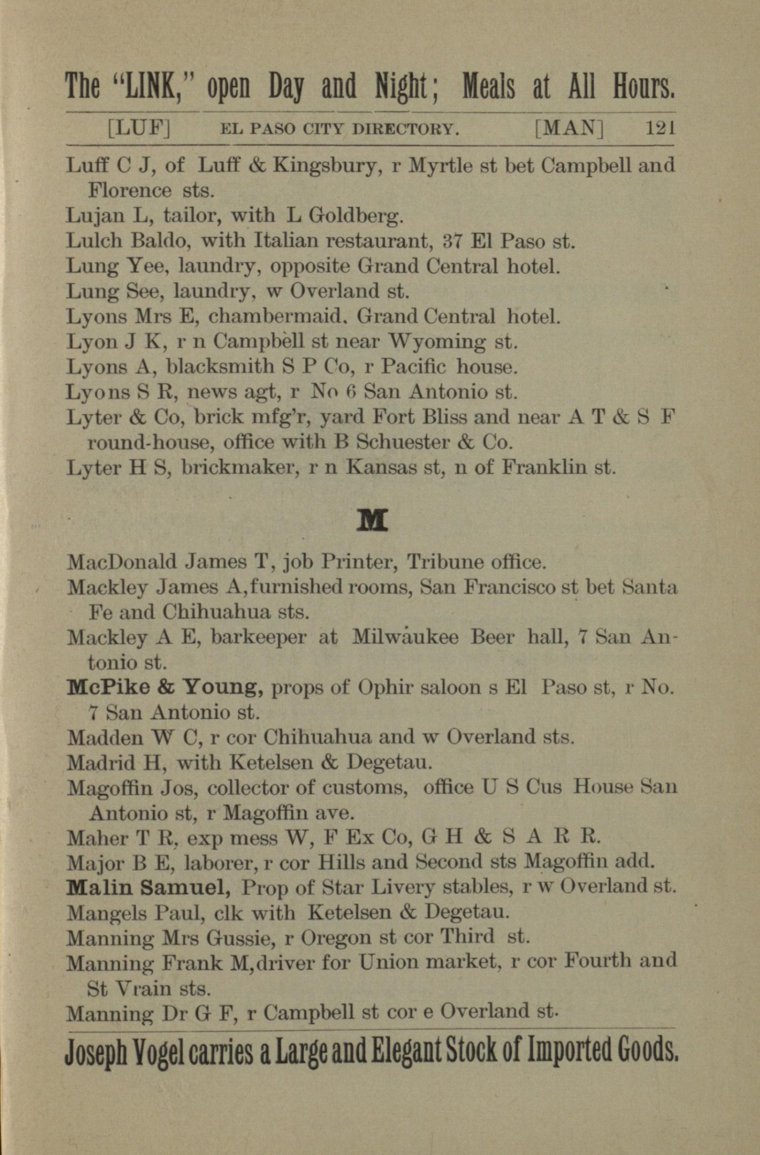 General Directory of the City of El Paso for 1886-87.
                                                
                                                    121
                                                