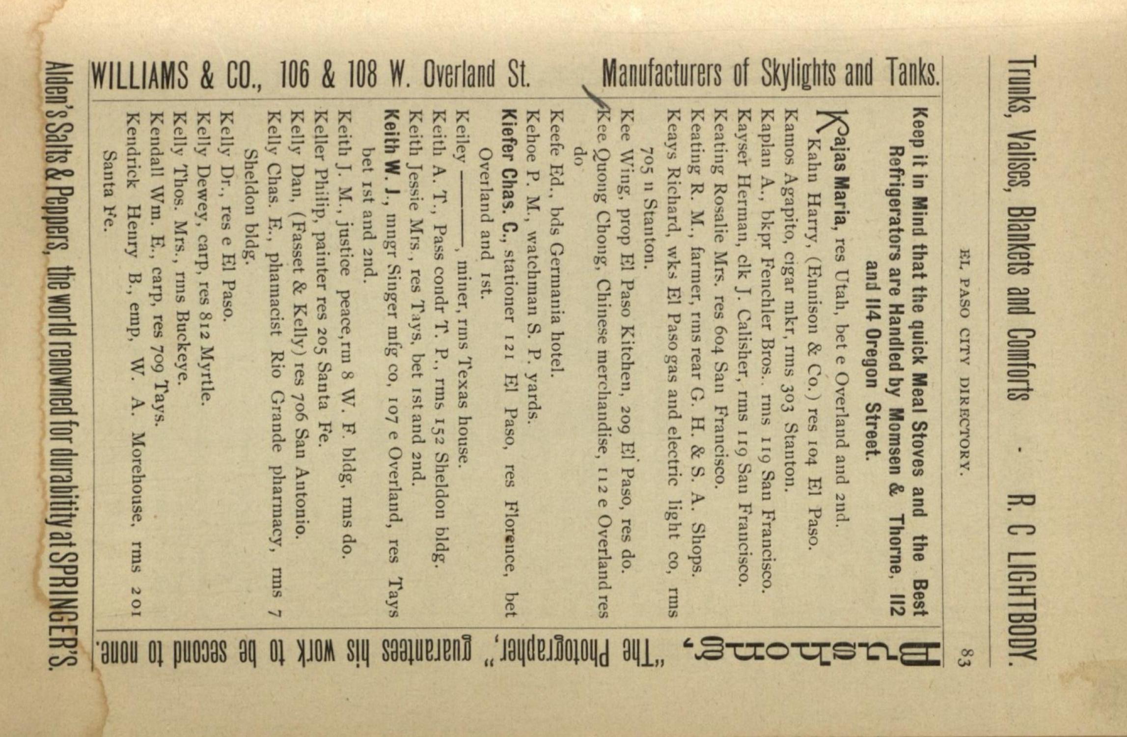 Classified Business Directory of the Cities of El Paso, Texas and Cuidad Juarez, Mexico for the years 1892 and 1893
                                                
                                                    83
                                                