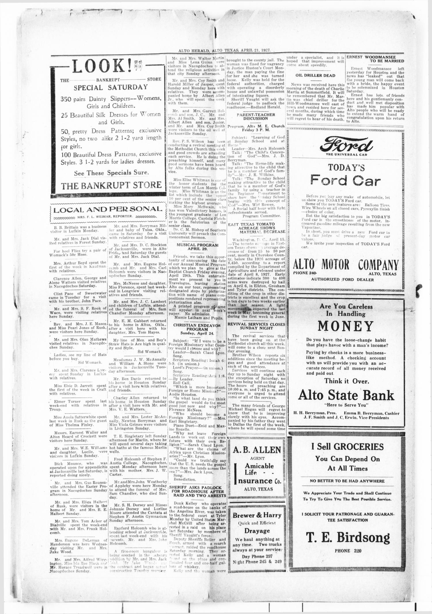 The Alto Herald (Alto, Tex.), Vol. 27, No. 2, Ed. 1 Thursday, April 21, 1927
                                                
                                                    [Sequence #]: 6 of 6
                                                