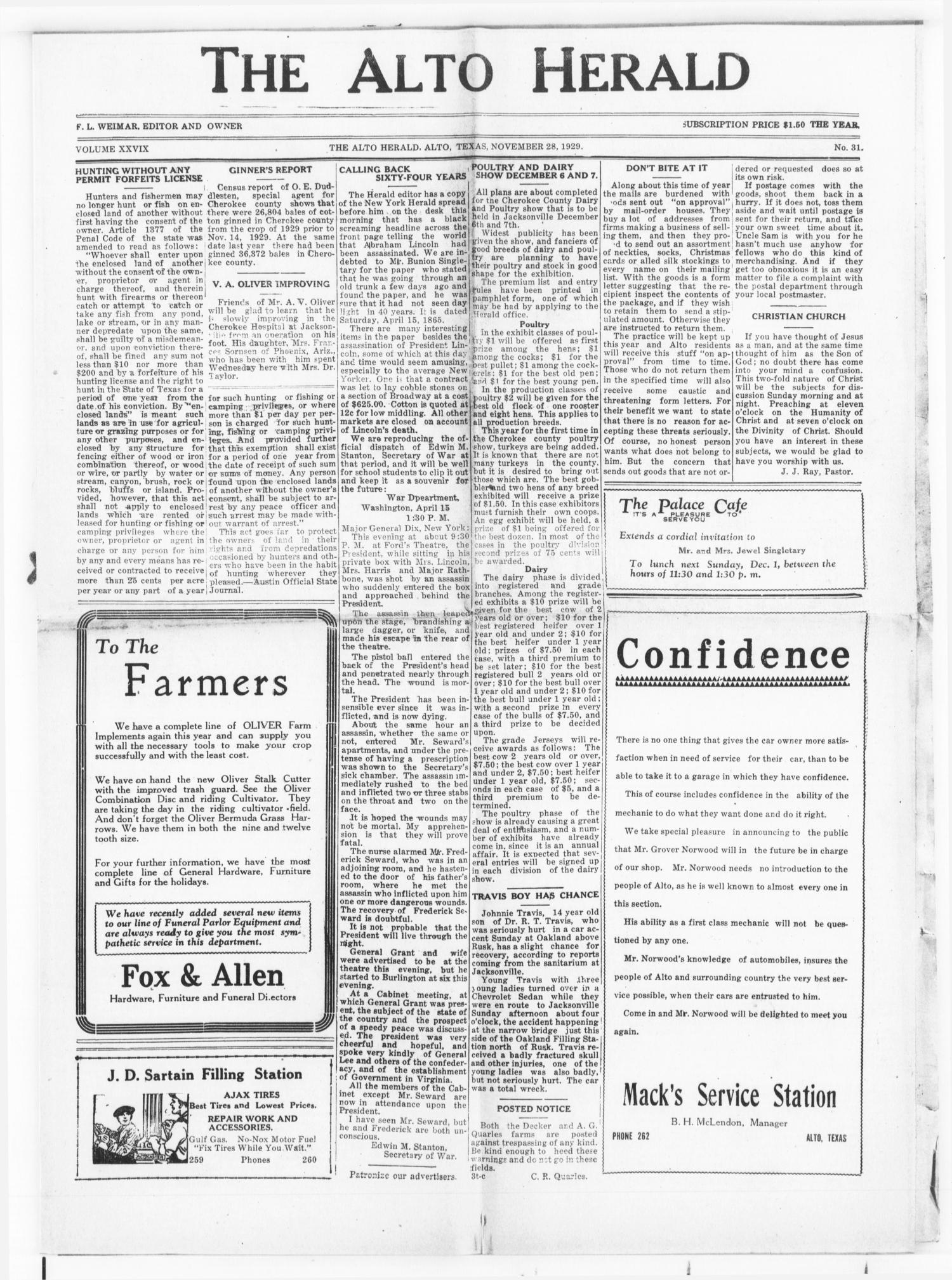 The Alto Herald (Alto, Tex.), Vol. 29, No. 31, Ed. 1 Thursday, November 28, 1929
                                                
                                                    [Sequence #]: 1 of 8
                                                