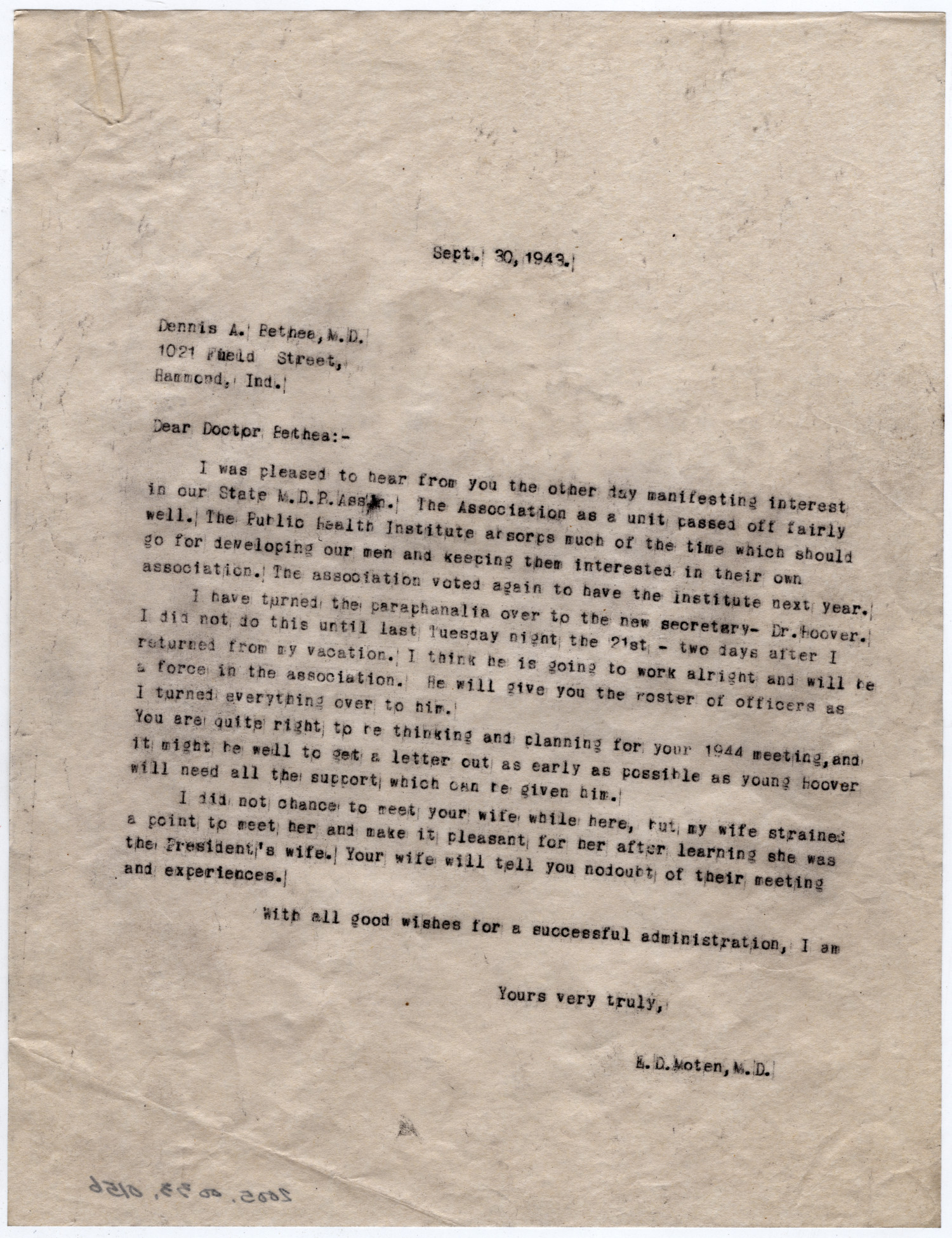 [Letter from Dr. Edwin D. Moten to Dr. Dennis A. Bethea, September 30, 1943]
                                                
                                                    [Sequence #]: 1 of 1
                                                