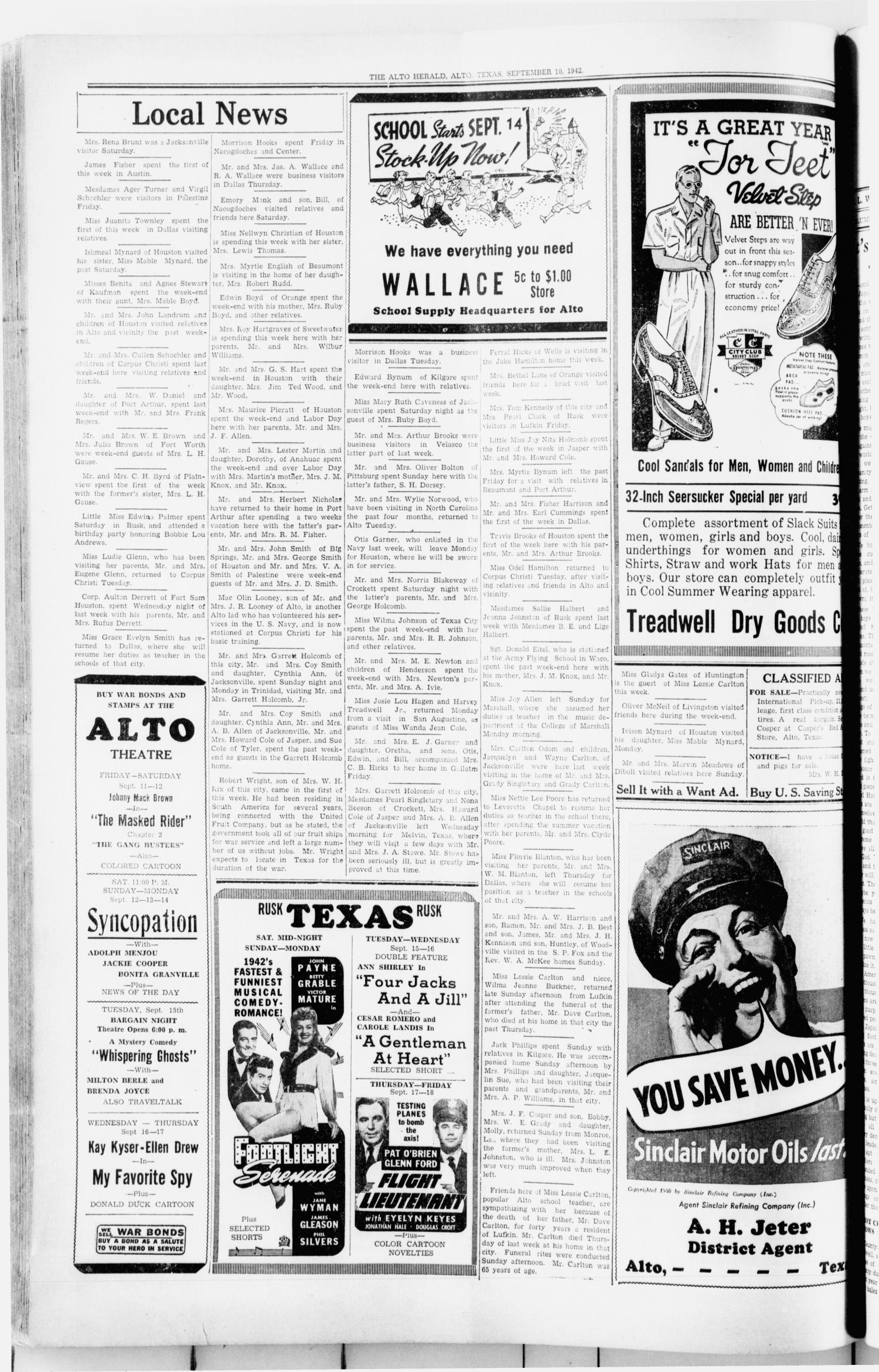 The Alto Herald (Alto, Tex.), Vol. 42, No. 18, Ed. 1 Thursday, September 10, 1942
                                                
                                                    [Sequence #]: 4 of 4
                                                