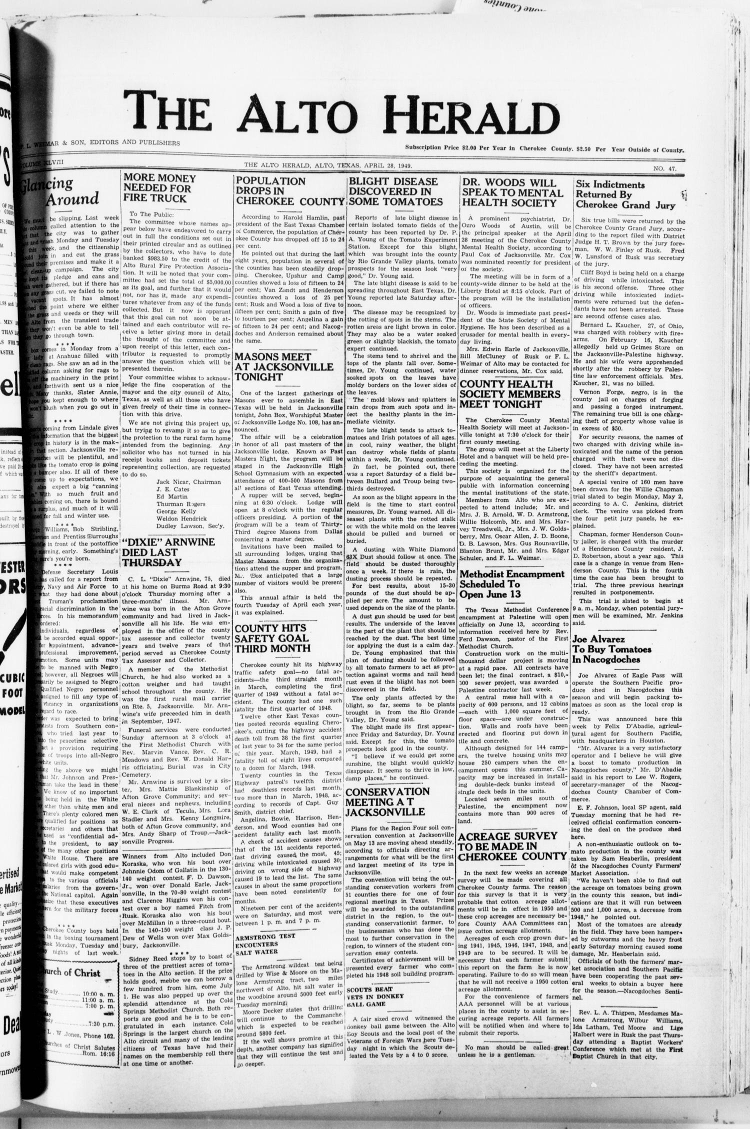 The Alto Herald (Alto, Tex.), Vol. 48, No. 47, Ed. 1 Thursday, April 28, 1949
                                                
                                                    [Sequence #]: 1 of 12
                                                