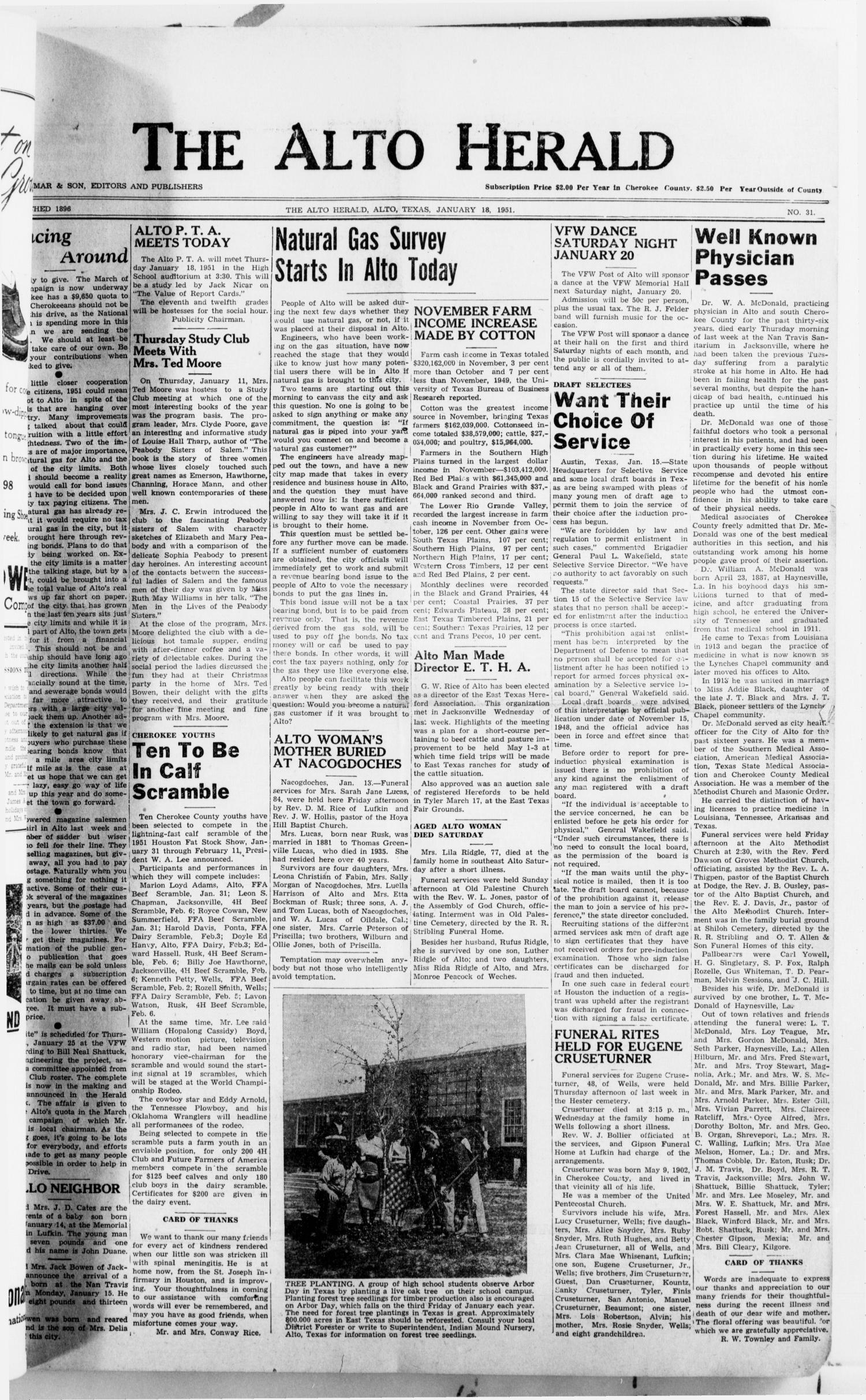 The Alto Herald (Alto, Tex.), No. 31, Ed. 1 Thursday, January 18, 1951
                                                
                                                    [Sequence #]: 1 of 12
                                                