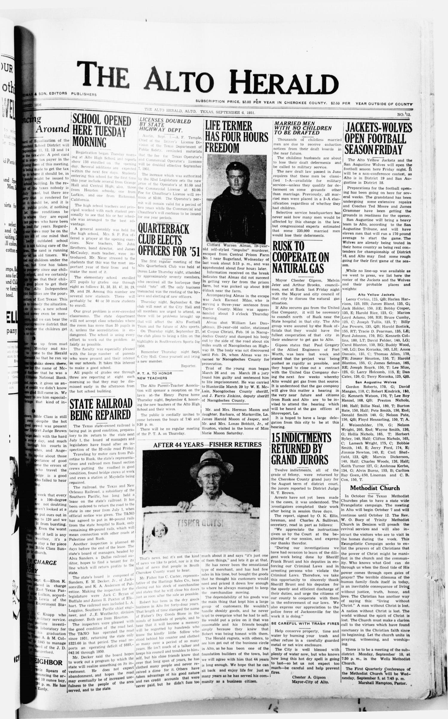 The Alto Herald (Alto, Tex.), No. 12, Ed. 1 Thursday, September 6, 1951
                                                
                                                    [Sequence #]: 1 of 12
                                                
