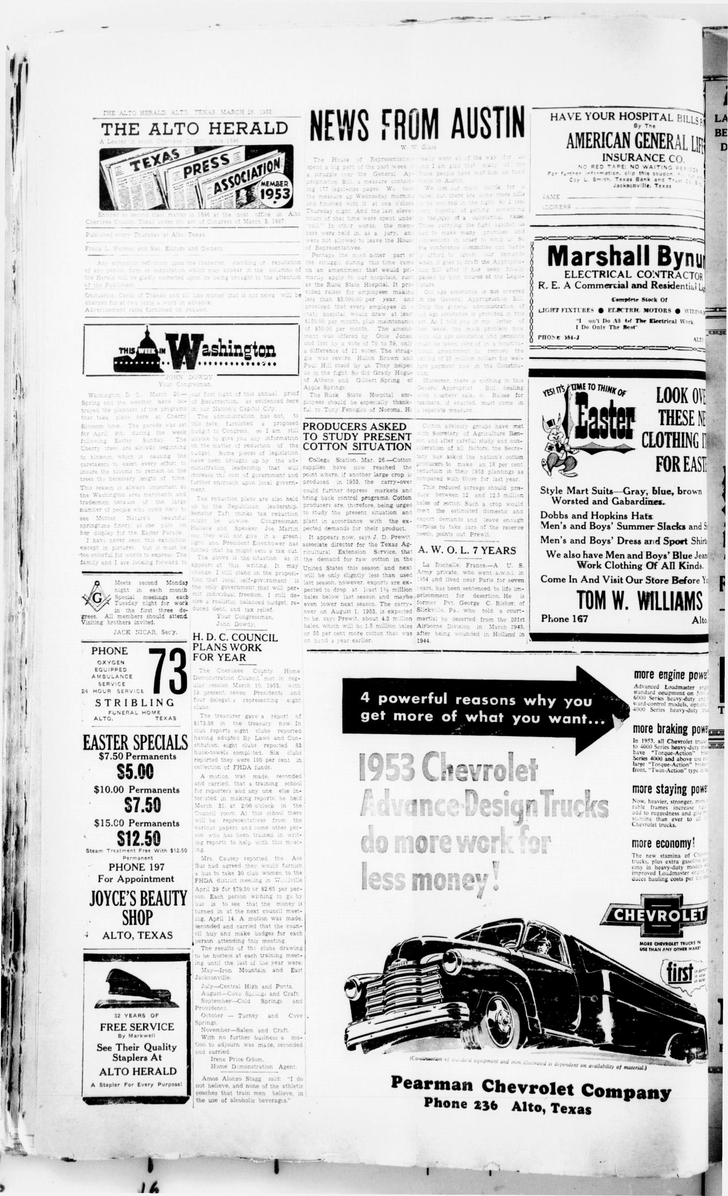 The Alto Herald (Alto, Tex.), No. 41, Ed. 1 Thursday, March 26, 1953
                                                
                                                    [Sequence #]: 2 of 8
                                                