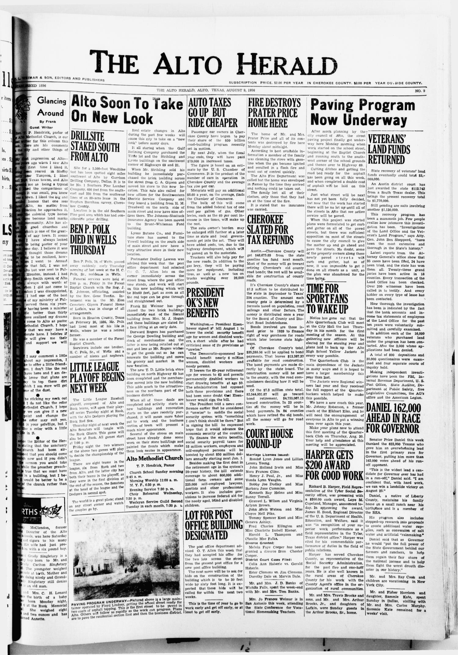 The Alto Herald (Alto, Tex.), No. 9, Ed. 1 Thursday, August 9, 1956
                                                
                                                    [Sequence #]: 1 of 8
                                                