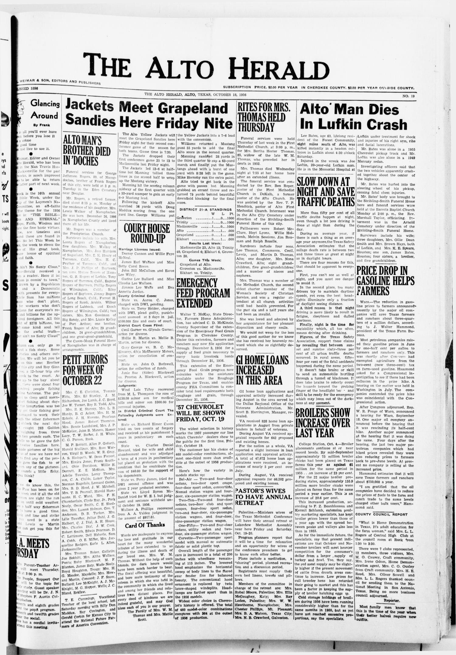 The Alto Herald (Alto, Tex.), No. 19, Ed. 1 Thursday, October 18, 1956
                                                
                                                    [Sequence #]: 1 of 10
                                                
