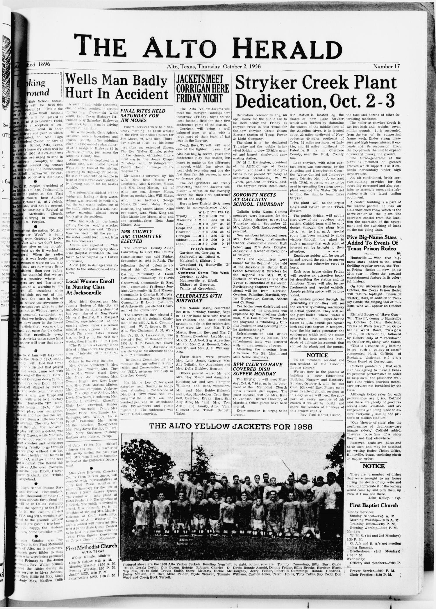 The Alto Herald (Alto, Tex.), No. 17, Ed. 1 Thursday, October 2, 1958
                                                
                                                    [Sequence #]: 1 of 6
                                                