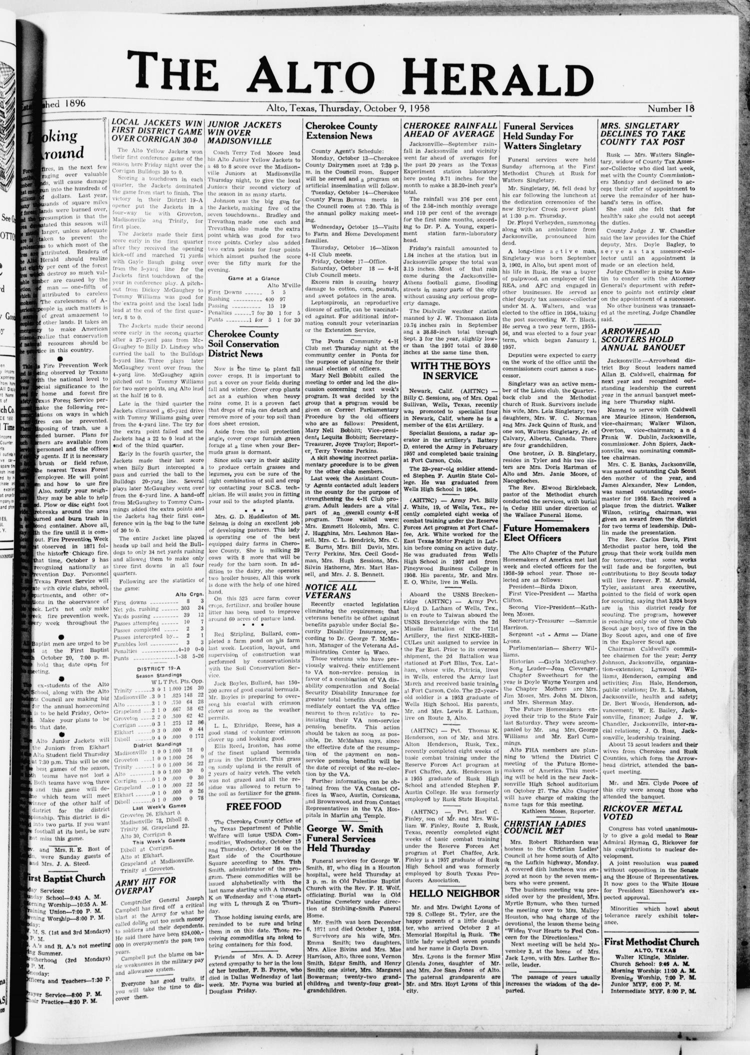 The Alto Herald (Alto, Tex.), No. 18, Ed. 1 Thursday, October 9, 1958
                                                
                                                    [Sequence #]: 1 of 8
                                                