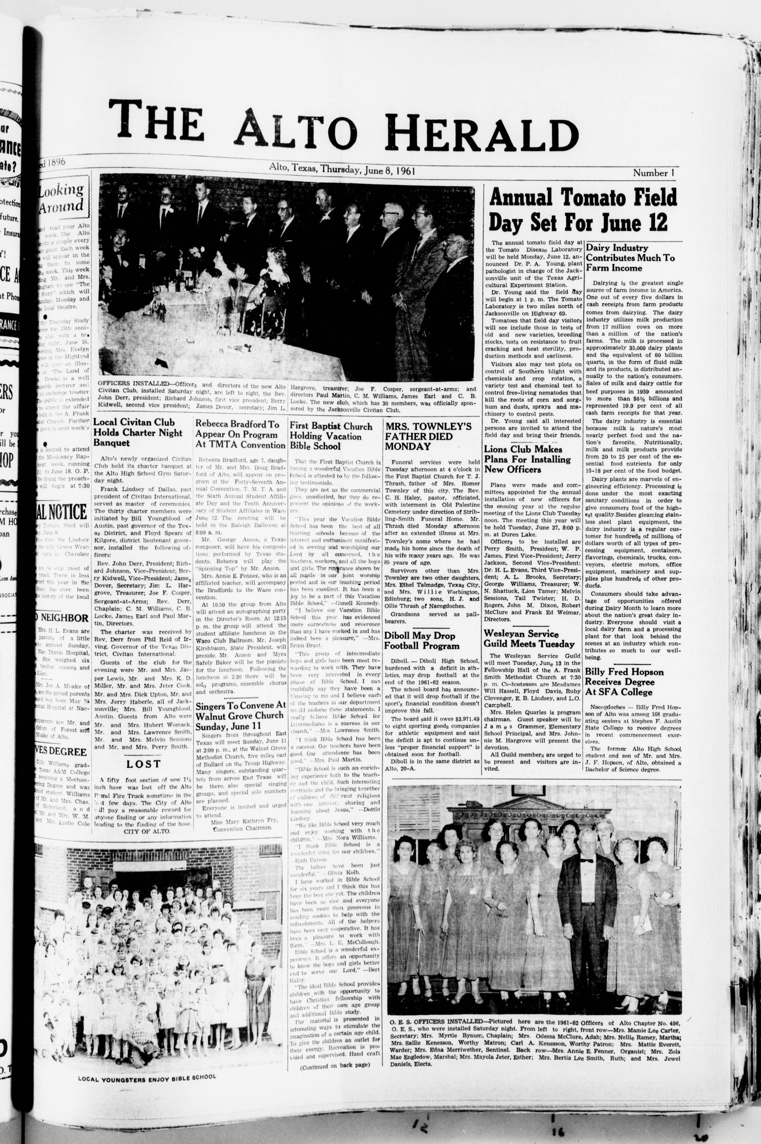 The Alto Herald (Alto, Tex.), No. 1, Ed. 1 Thursday, June 8, 1961
                                                
                                                    [Sequence #]: 1 of 8
                                                