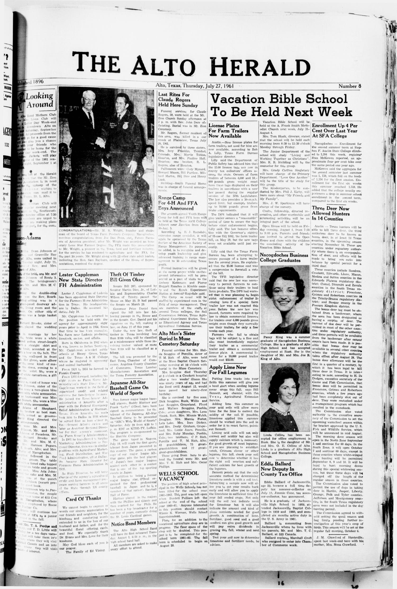 The Alto Herald (Alto, Tex.), No. 8, Ed. 1 Thursday, July 27, 1961
                                                
                                                    [Sequence #]: 1 of 8
                                                
