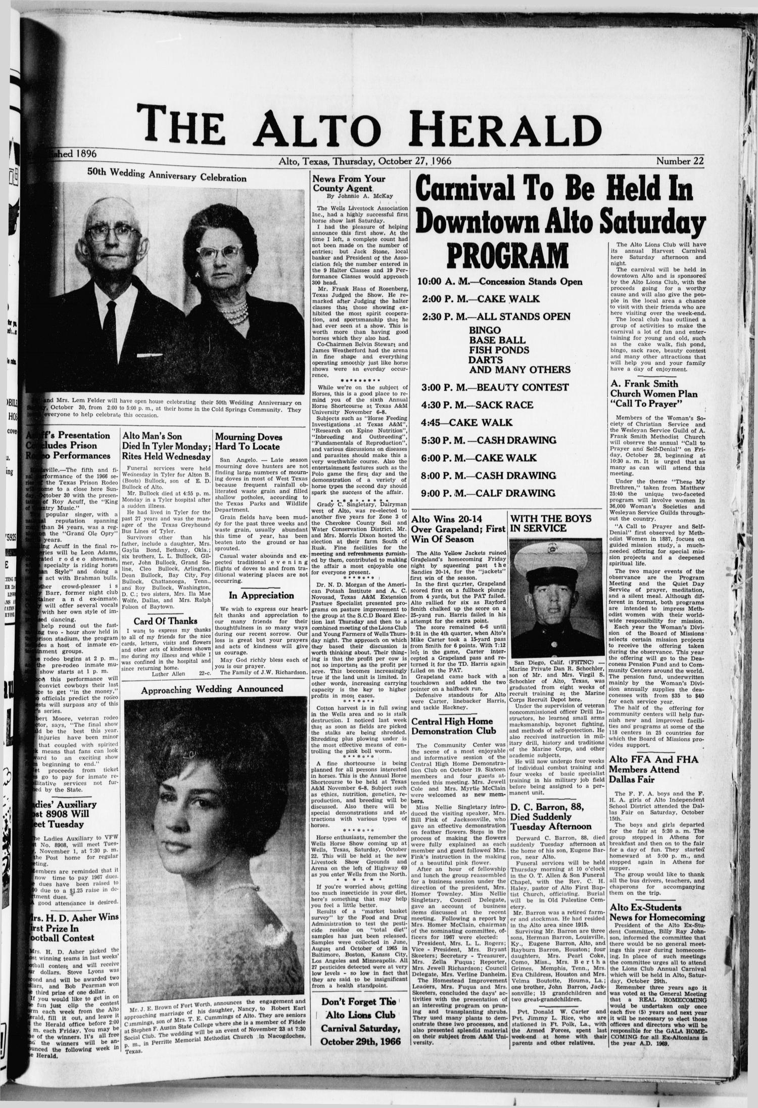 The Alto Herald (Alto, Tex.), No. 22, Ed. 1 Thursday, October 27, 1966
                                                
                                                    [Sequence #]: 1 of 8
                                                